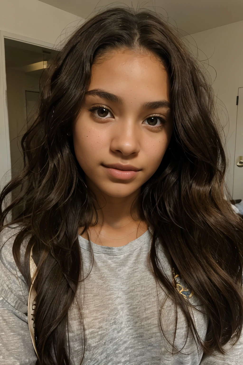 25 year old woman, Dominican nationality, Long and curly hair, Brown eyes