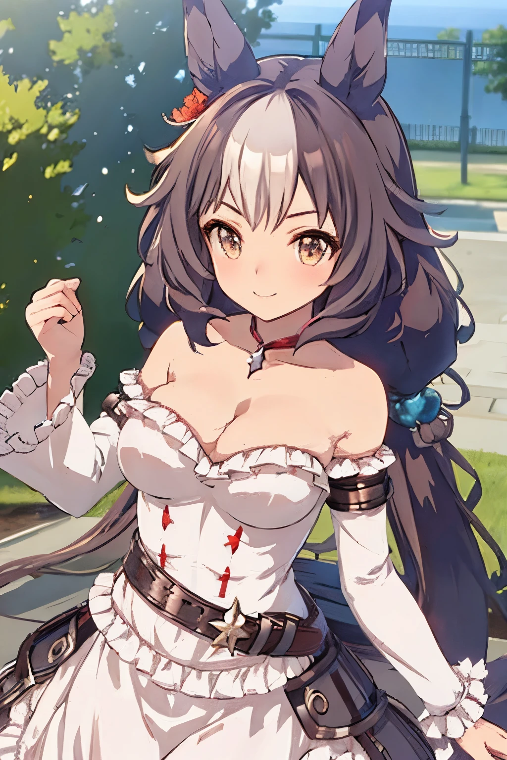 highest quality、masterpiece、High resolution、Animal ears、Animal tails、White Dress、Light blue sleeves、bulging hem、Red Belt、Anime Style、beautiful girl、Long Hair、Brown Hair、Large Breasts、Cleavage、grassland、Hair blowing in the wind、smile、White Skirt、The right hand is to hold the hair、The arm part is light blue、Top view、Upper body close-up