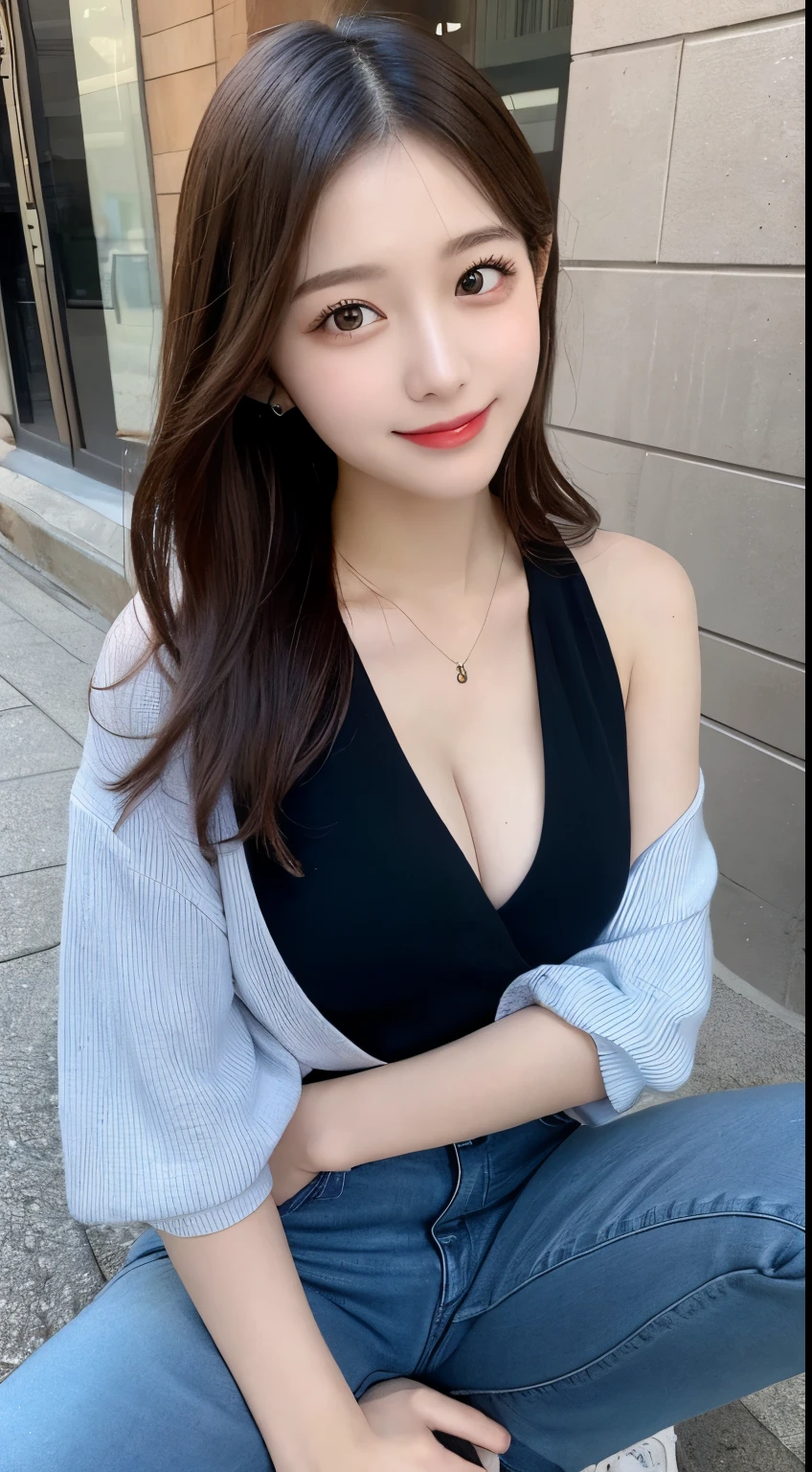 One girl、masterpiece masterpiece, highest quality, figure, Super detailed, In detail, High resolution, high resolution、8k wallpaper, Korean Girls、Korean Idol、Perfect dynamic composition, Beautiful fine details, Random Dress,Medium Hair, Cleavage, Natural color lip, ((Spread your legs))、((I can see your pants)),Beautiful Skin、smile,Street Walk、20-year-old girl