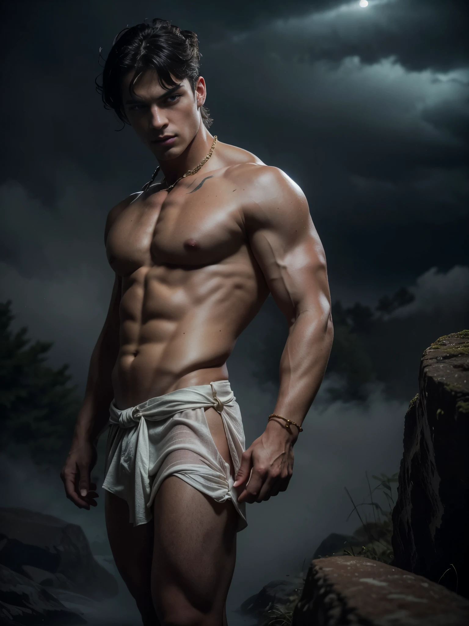 ((masterpiece)),((best quality)),8k, high detailed, ultra-detailed, Stylish Pose, real skin texture, dark cinematic lighting, 24 year-old Italian male model, barechested, shirtless, handsome italian, cute looking, divine look, powerful light blue eyes, Zeus god, god of thunder, Jupiter, godly, , bending electricity, displaying the ability to manipulate lightning, creating massive lightning, white pale skin, roman god physic, intense blue eyes, dry hair dry short brown messy hair, strong jawline, masculine, muscular, defined fit body, hairless chest, shirtless, pantless, open sea, sinister aesthetic, black storm clouds, arm bracelet, lightning, clouds, thunder, walking towards the camera, (isolated:1.4), in the wilderness, natural enviroment, (in the middle of nowhere:1.6), (tule fog:1.4), (in the middlea thick fog:1.3), night dark storm, barelegged, barechest, barefoot, antique linen spartan loincloth , white linen antique draped cloth skirt, golden chain in roman skirt,,,, dim light, dark atmosphere, cinematic lighting, Depth of field, award-winning photography, elegant, hyperrealistic, octane render, unreal, high definition, 8k resolution, highly detailed, 8k uhd, professional lighting, photon mapping, radiosity, physically-based rendering