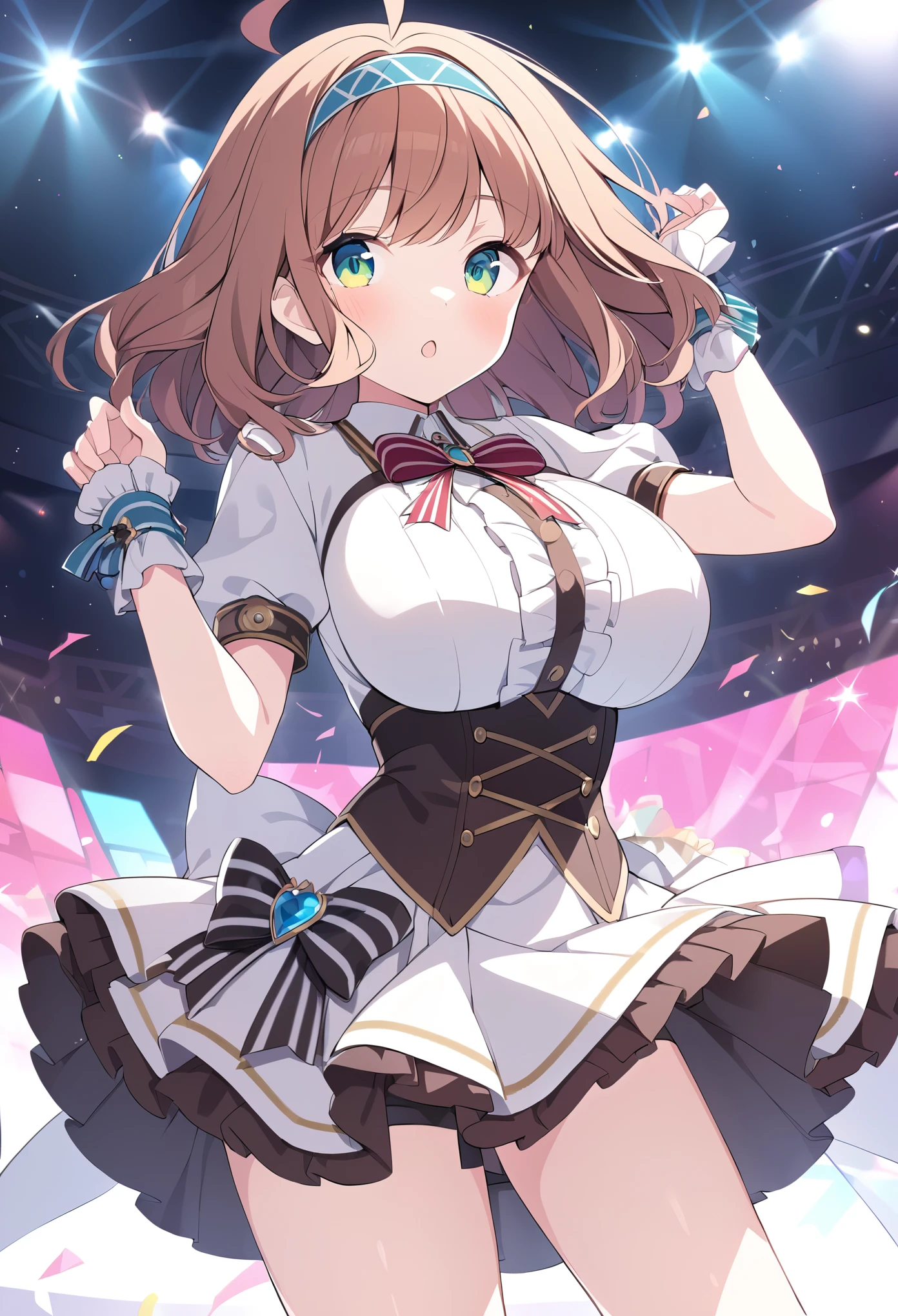 saekimarika, BROWN HAIR, AHOGE, SHORT HAIR, YELLOW EYES, BROWN ,hair band, large breasts, live stage, solo,