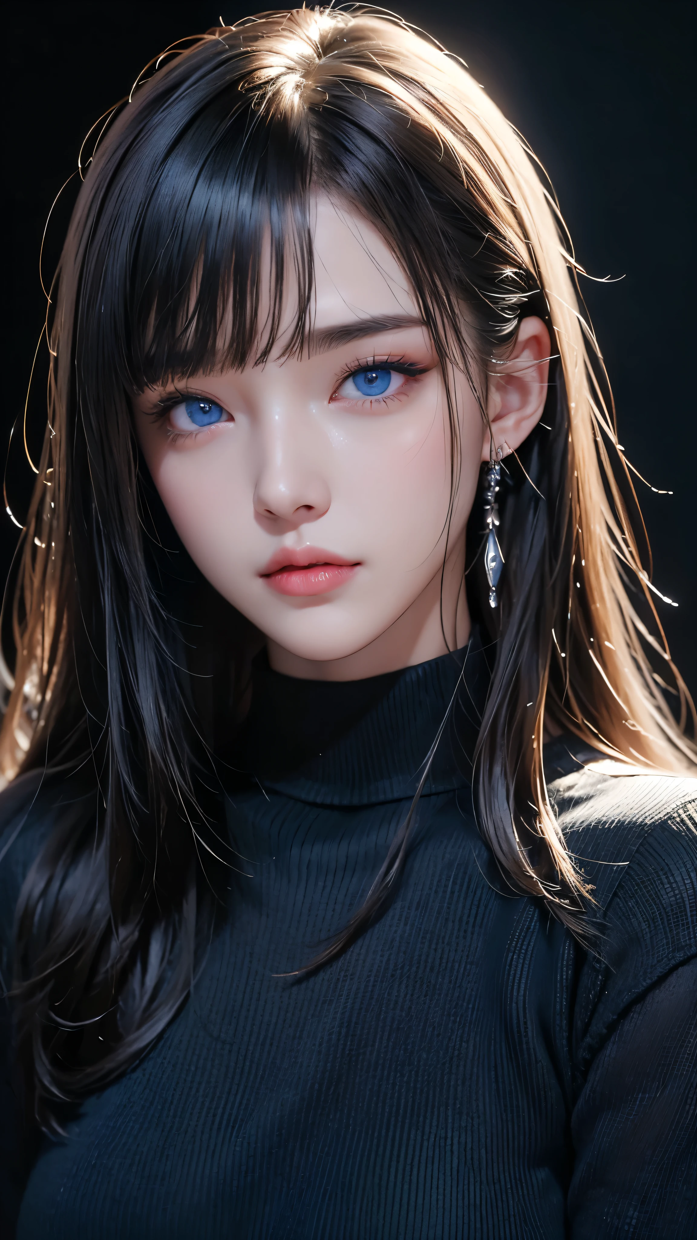masterpiece, highest quality, Super detailed, Facing the camera, Super detailed, Realistic, Sharp features, Very detailed, Sharp focus, Perfect Face, Perfect Face, Perfect symmetrical perfect eyes, Perfect Plump Lips, Flexible female form, Cinematic, Film Light, Super detailed, hyper Realistic, masterpiece, Atmospheric, High resolution, Vibrant, Dynamic Studio Lighting, ((Dark Background)), The expression when enduring pleasure, Straight bangs, blue eyes,Black sweater, Cowboy Shot,turtleneck、first round、Sexually aroused expression