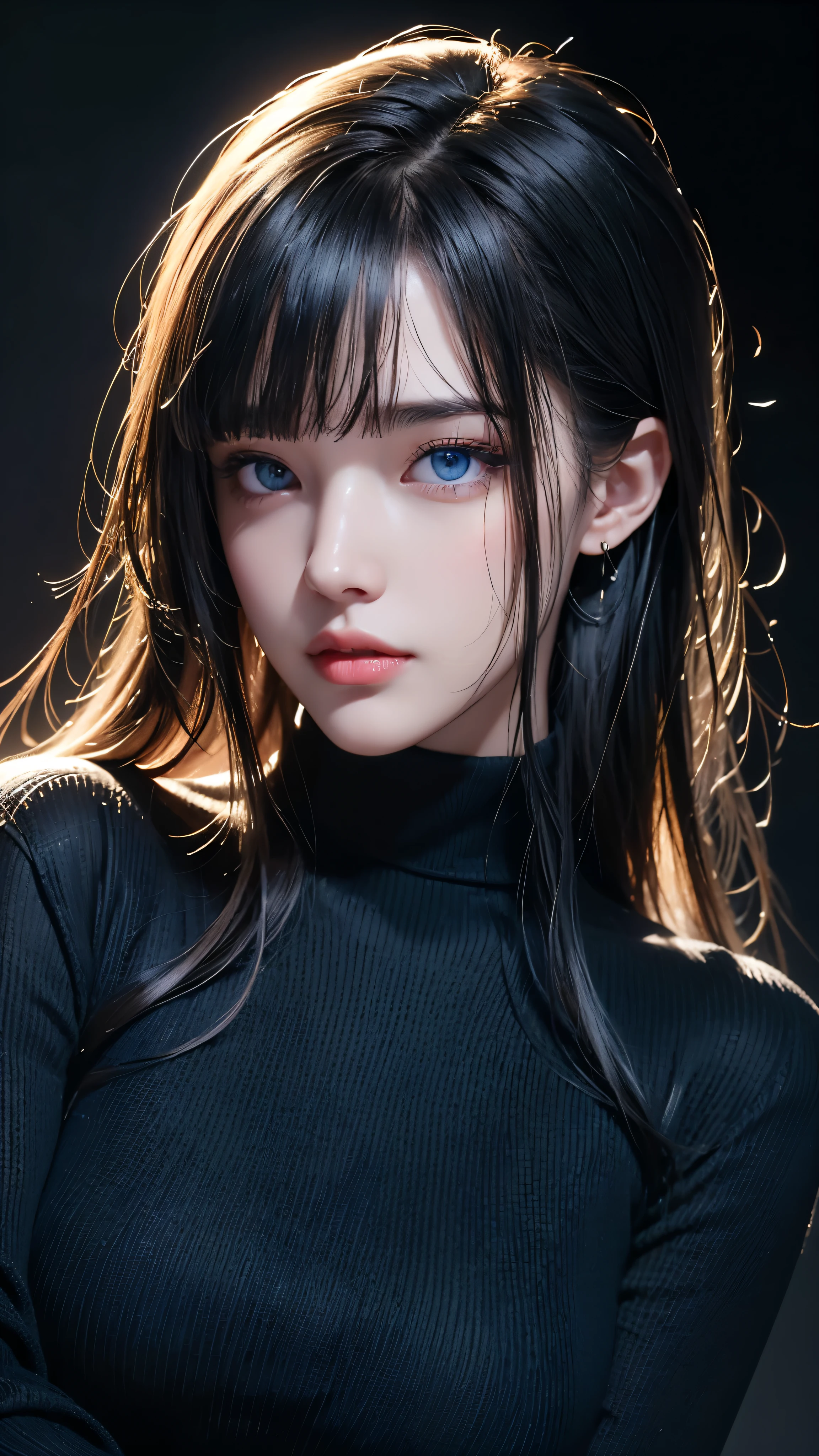 masterpiece, highest quality, Super detailed, Facing the camera, Super detailed, Realistic, Sharp features, Very detailed, Sharp focus, Perfect Face, Perfect Face, Perfect symmetrical perfect eyes, Perfect Plump Lips, Flexible female form, Cinematic, Film Light, Super detailed, hyper Realistic, masterpiece, Atmospheric, High resolution, Vibrant, Dynamic Studio Lighting, ((Dark Background)), The expression when enduring pleasure, Straight bangs, blue eyes,Black sweater, Cowboy Shot,turtleneck、first round、Sexually aroused expression