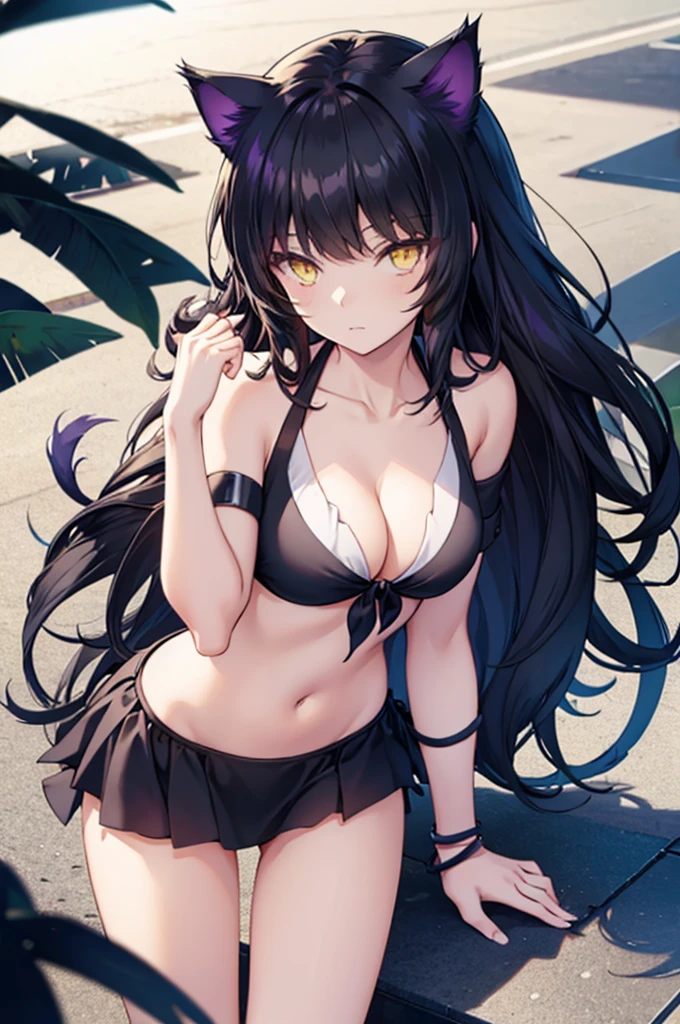 1girl, (black dark blue hair), split-color hair, yellow eyes, long hair, ((messy hair)), bare hip, open black jacket, large breasts, belts around the bra,