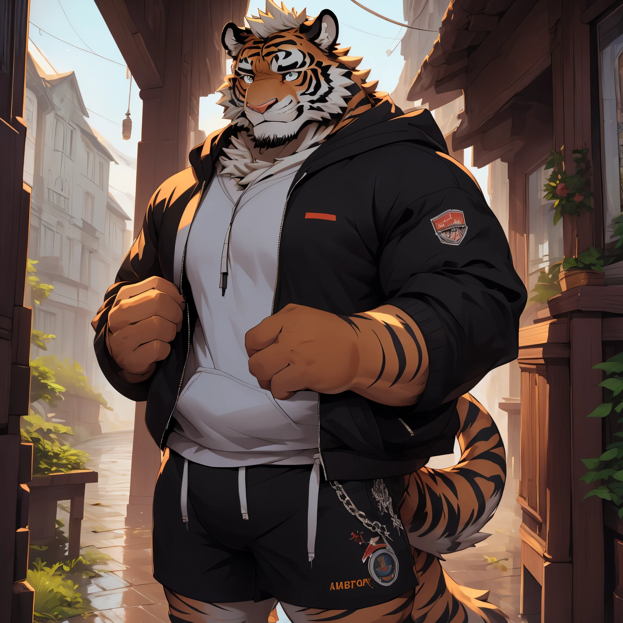 (masterpiece),(Very detailed),(best quality),8K,(high quality),(Ultra high quality),(Super detailed),Solitary,bust,tiger,hairy body,Furry Characters,White sweatshirt,Black shorts,Best image quality,A kind smile,Father role,Eyes Details,Droopy ears,Airplane ears,Rainy Day,Gloomy sky,Middle-aged and elderly,Tiger Orc,masterpiece,Fluffy tail,Meticulous facial details