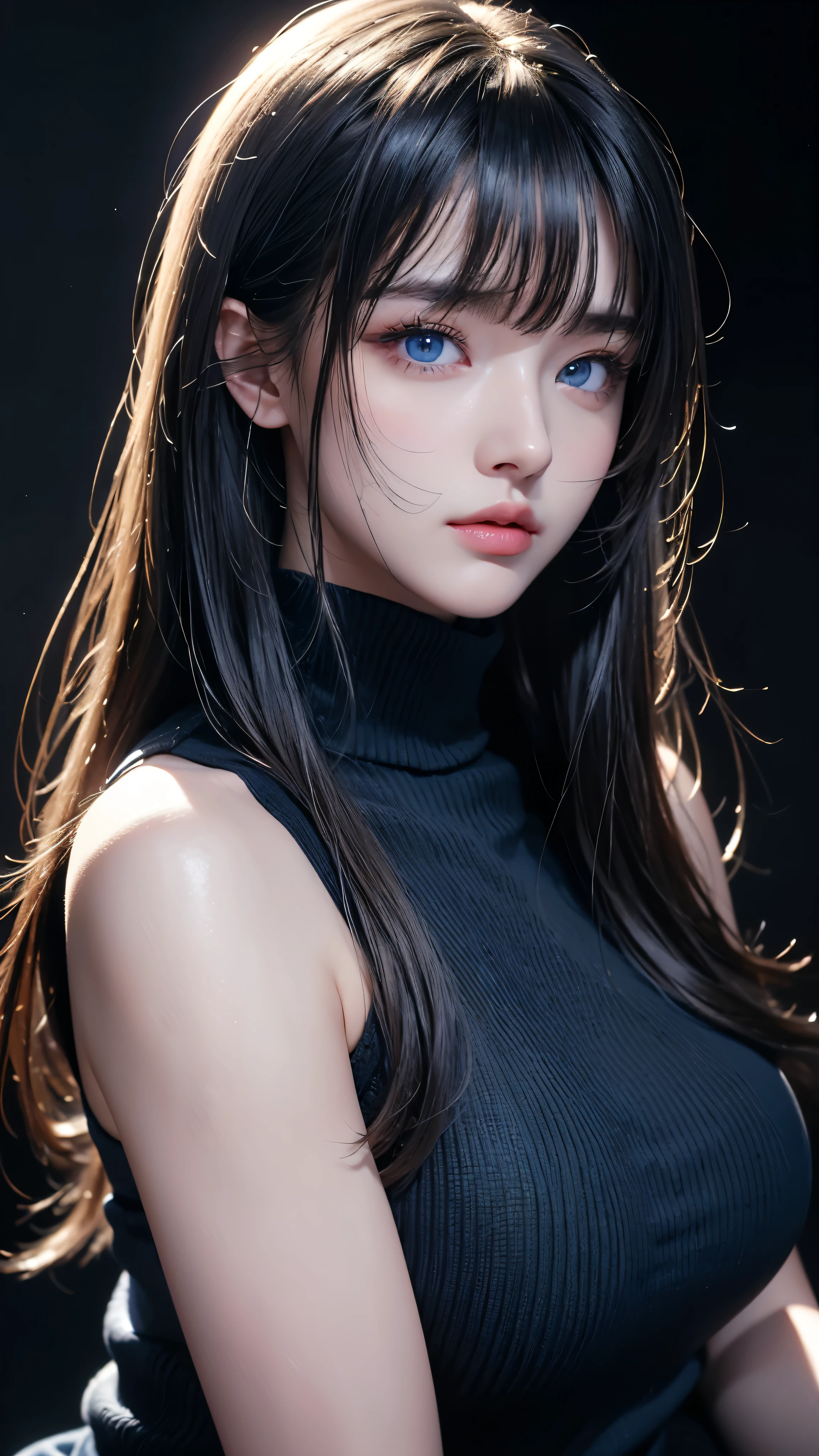 masterpiece, highest quality, Super detailed, Facing the camera, Super detailed, Realistic, Sharp features, Very detailed, Sharp focus, Perfect Face, Perfect Face, Perfect symmetrical perfect eyes, Perfect Plump Lips, Flexible female form, Cinematic, Film Light, Super detailed, hyper Realistic, masterpiece, Atmospheric, High resolution, Vibrant, Dynamic Studio Lighting, ((Dark Background)), The expression when enduring pleasure, Straight bangs, blue eyes,Black sweater, Cowboy Shot,turtleneck、first round、Sexually aroused expression