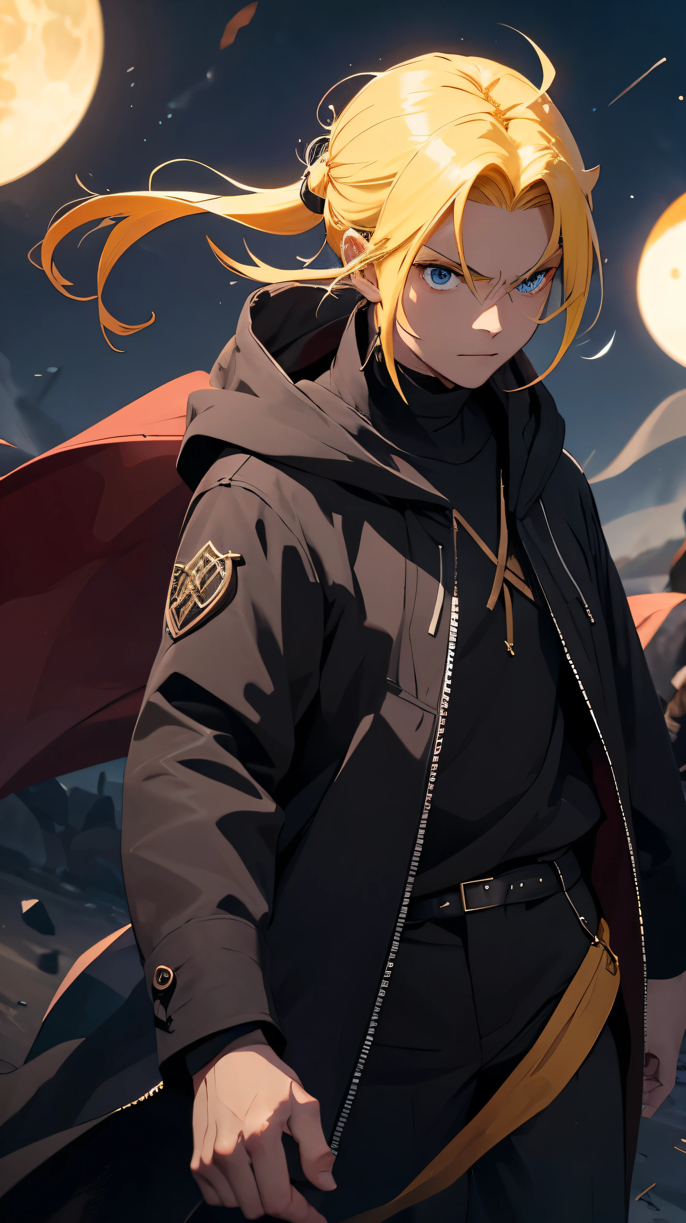 powerful being, dark mage, a man, celestial being, Powerfull Rune Wind Magic, Ponytail Hair, Yellow Hair, Black eyes, Hoodie Mage Coat, Powerful Wind mage.