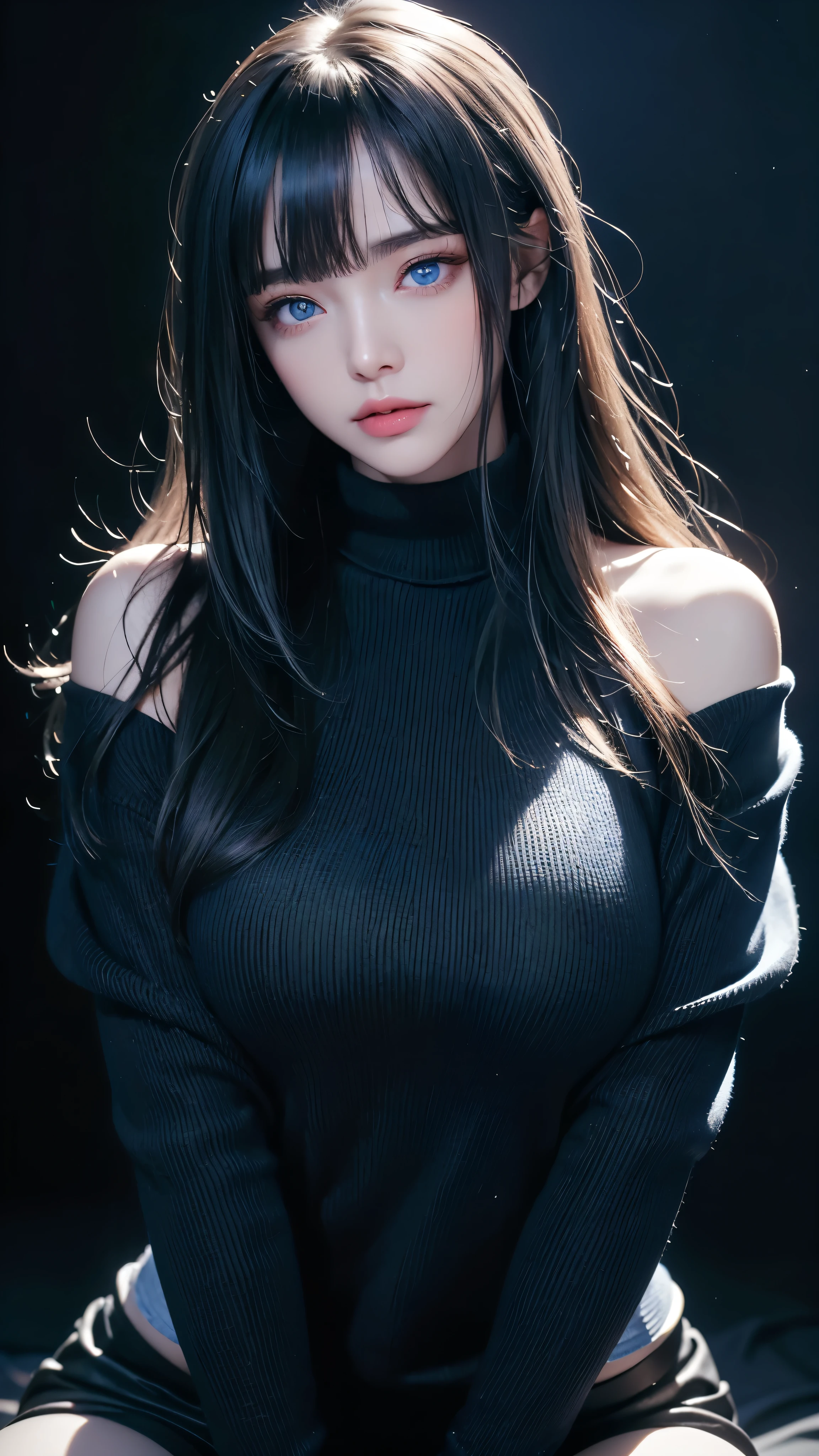 masterpiece, highest quality, Super detailed, Facing the camera, Super detailed, Realistic, Sharp features, Very detailed, Sharp focus, Perfect Face, Perfect Face, Perfect symmetrical perfect eyes, Perfect Plump Lips, Flexible female form, Cinematic, Film Light, Super detailed, hyper Realistic, masterpiece, Atmospheric, High resolution, Vibrant, Dynamic Studio Lighting, ((Dark Background)), The expression when enduring pleasure, Straight bangs, blue eyes,Black sweater, Cowboy Shot,turtleneck、first round、Sexually aroused expression,Clasping hands