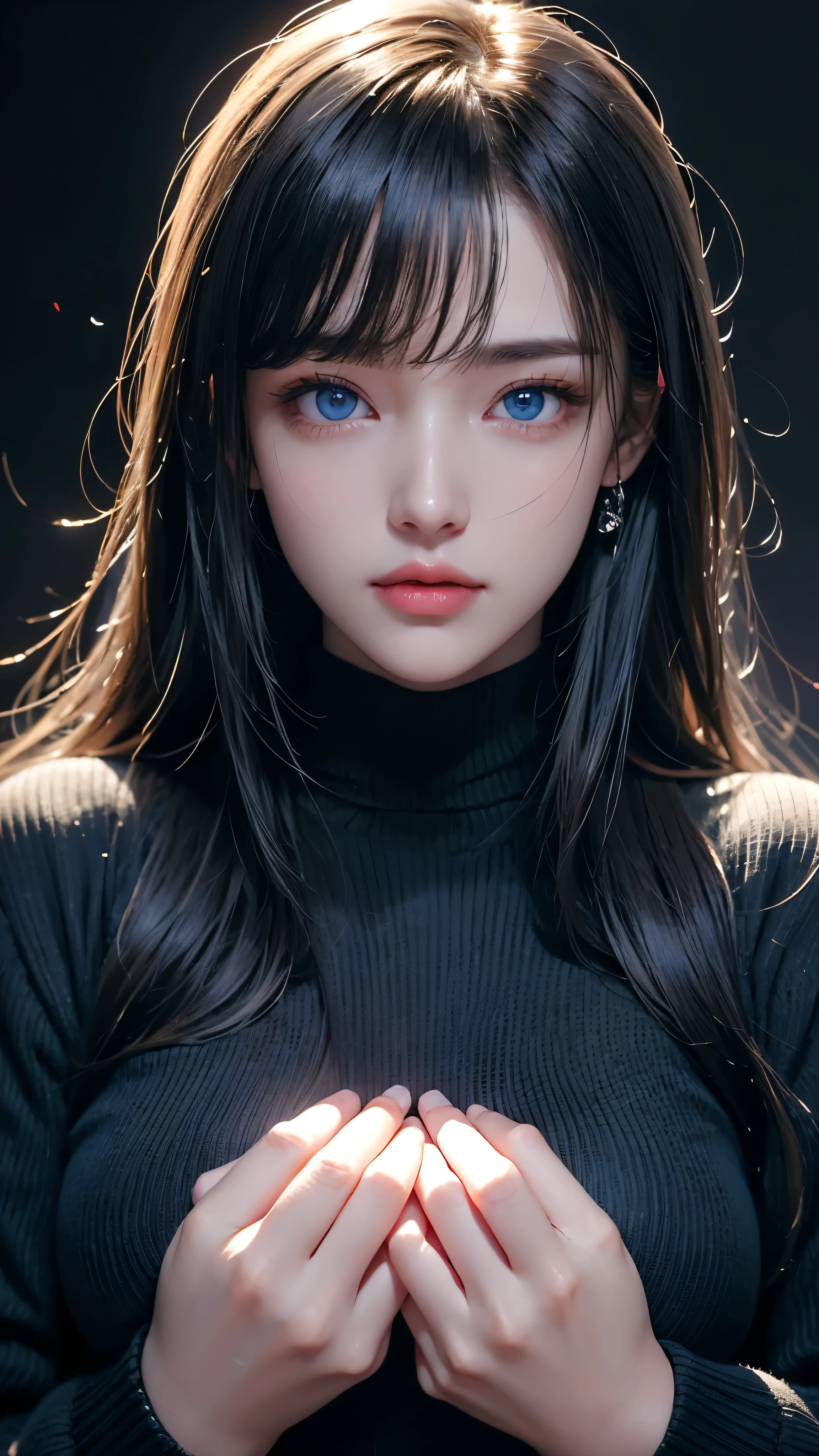 masterpiece, highest quality, Super detailed, Facing the camera, Super detailed, Realistic, Sharp features, Very detailed, Sharp focus, Perfect Face, Perfect Face, Perfect symmetrical perfect eyes, Perfect Plump Lips, Flexible female form, Cinematic, Film Light, Super detailed, hyper Realistic, masterpiece, Atmospheric, High resolution, Vibrant, Dynamic Studio Lighting, ((Dark Background)), The expression when enduring pleasure, Straight bangs, blue eyes,Black sweater, Cowboy Shot,turtleneck、first round、Sexually aroused expression,Clasping hands