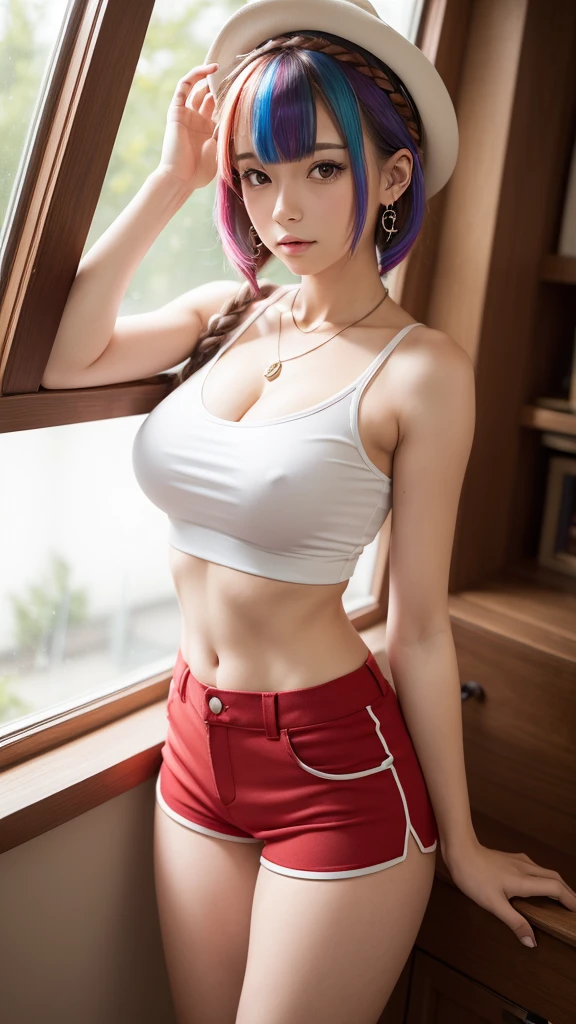(masutepiece:1.3), (Best Quality:1.3),Indoors,bookshelf,window,Solo,1girl in, Raysarin_stout, Upper body, rainbow colored hair, Brown eyes, Solo, hair clips, earrings, Jewelry, Short_hair, white_Hats, hat, hair_ornament detached, brown_gloves, Necklace, Short_Shorts, X Hair Ornament, ((super tight Red shorts)), braid, shirt shows nice cleavage