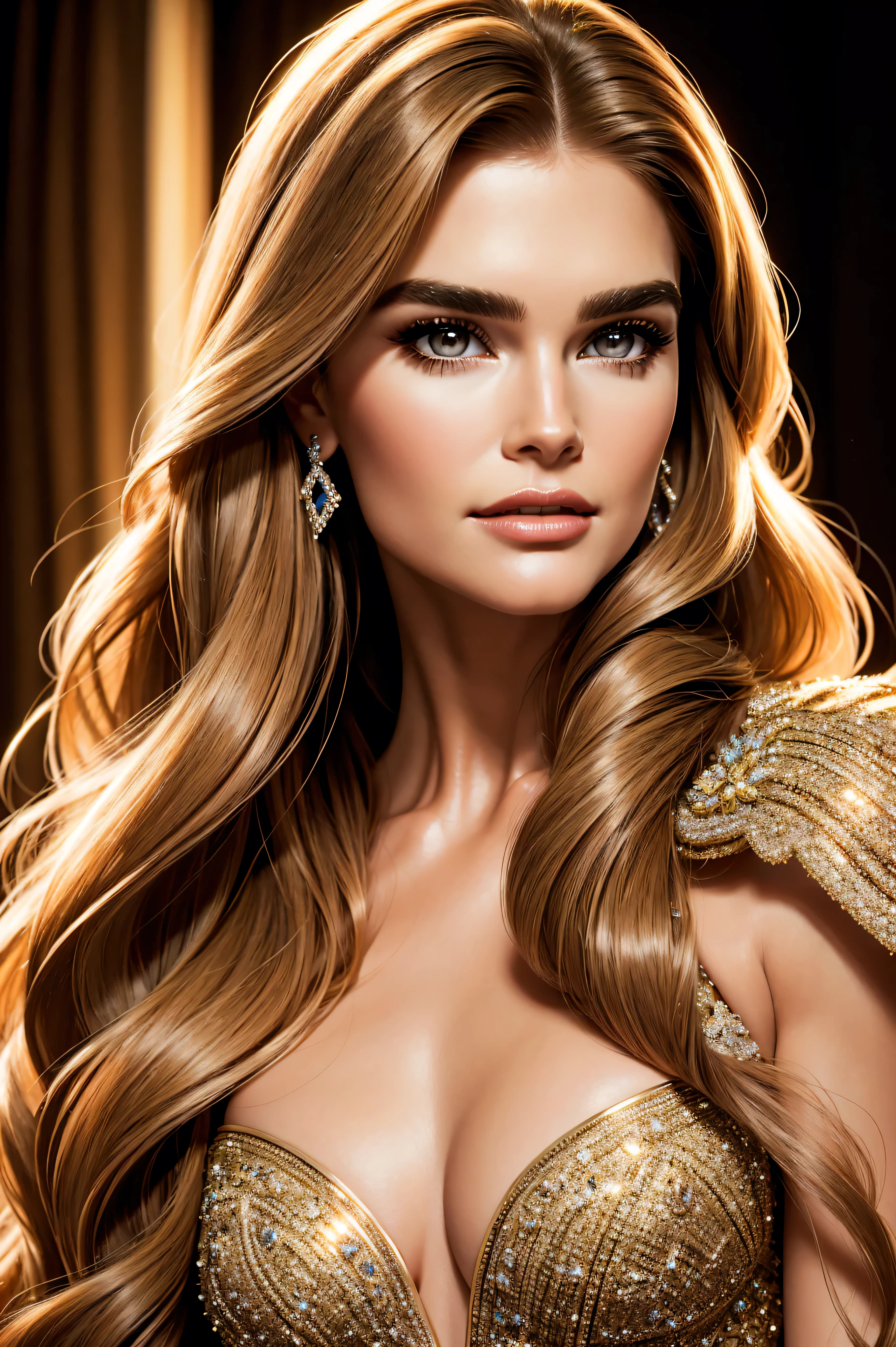 portrait Brooke Shields, A fashion model, wearing evening gown, Glamour, paparazzi taking pictures of her, Blonde hair, Brown eyes, 8K, High quality, Masterpiece, Best quality, HD, Extremely detailed, voluminetric lighting, Photorealistic
