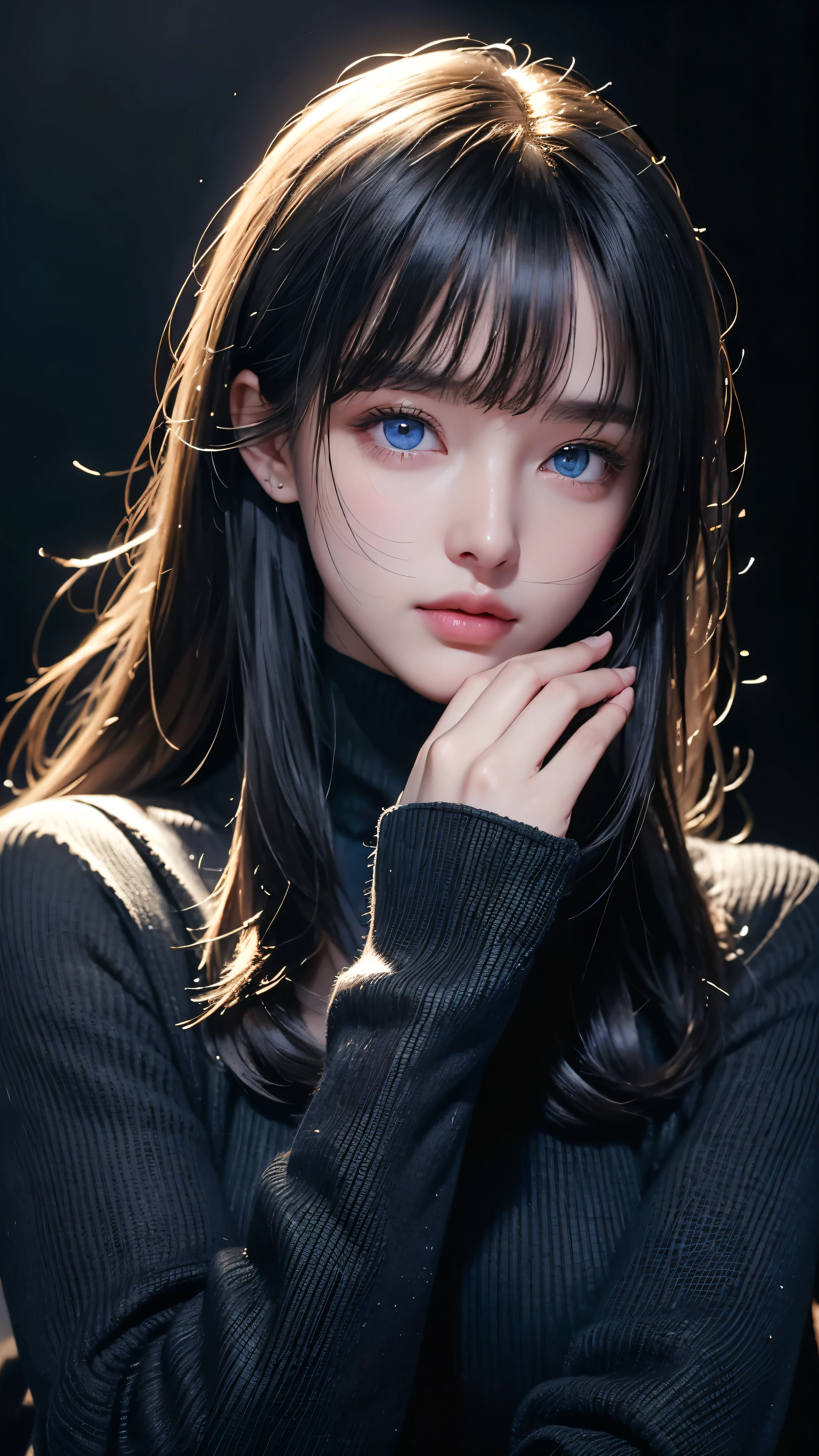 masterpiece, highest quality, Super detailed, Facing the camera, Super detailed, Realistic, Sharp features, Very detailed, Sharp focus, Perfect Face, Perfect Face, Perfect symmetrical perfect eyes, Perfect Plump Lips, Flexible female form, Cinematic, Film Light, Super detailed, hyper Realistic, masterpiece, Atmospheric, High resolution, Vibrant, Dynamic Studio Lighting, ((Dark Background)), The expression when enduring pleasure, Straight bangs, blue eyes,Black sweater, Cowboy Shot,turtleneck、first round、Sexually aroused expression,Clasping hands