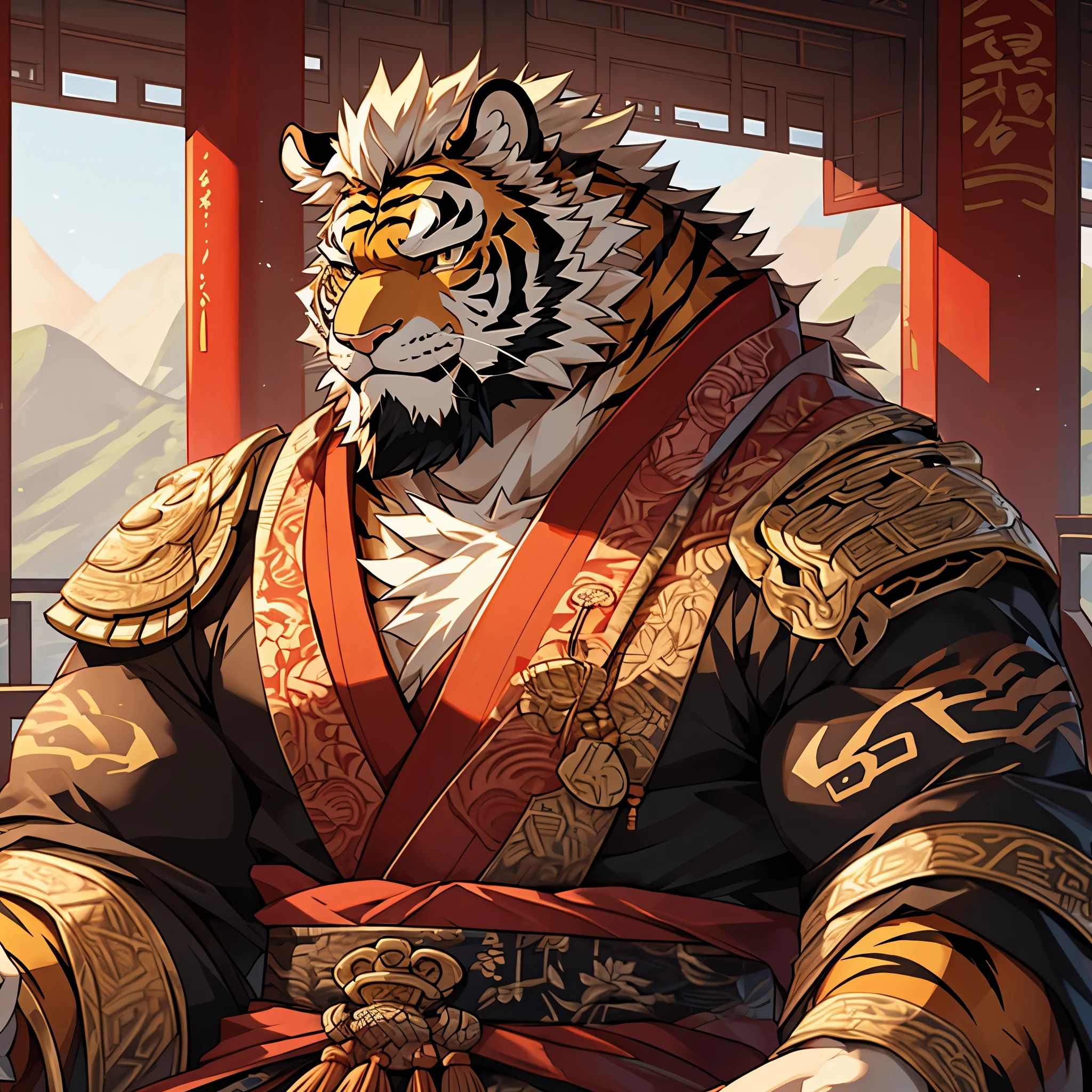 (masterpiece)，(Very detailed)，(best quality)，8K，(high quality)，(Ultra high quality)，(Super detailed),Solitary，bust，tiger，hairy body，Furry Characters，Chinese Emperor&#39;s Dragon Robe，Best image quality，serious，Eyes Details，Droopy ears，Airplane ears，Rainy Day，Gloomy sky，middle aged，Tiger Orc，masterpiece，Fluffy tail，Meticulous facial details