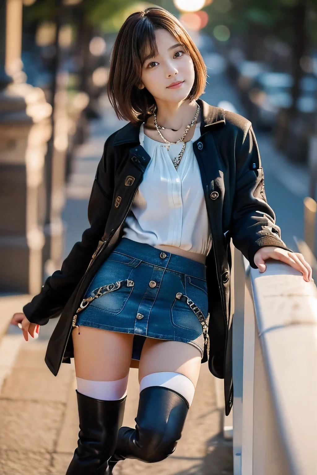 (Climbing the hills of the city、18-year-old female:1.5)、(A little tired face:1.2)、(The best quality at its best:1.4), (Super detailed), (Very detailed CG unified 16k), Beautiful woman with perfect figure: 1.4, Sharp focus: 1.2, Very detailed, High-quality RAW color photos, Professional photography, Great face and eyes, cosmetics, (Amazingly beautiful girl), ((Black coat、White blouse、Denim mini skirt、Black Stockings、Black boots:1.5)), Sexy posture，(View from below), Realistic movie faces, Full body long view from head to toe, Realistic, ((Realistic natural orange red hairstyle, Realistic blue eyes)), ( Short Bob Hair:1.5), (necklace:1.5)、, Very beautiful face, Perfect model beauty, Mouth swelling, Highly detailed face and skin texture, Fine grain, double eyelid, Medium chest, smile, (masterpiece), highest quality, High resolution, Very detailed, Blurred Background, Depth of written boundary, Cinema Lighting, Great legs, , Clear, well-maintained skin,