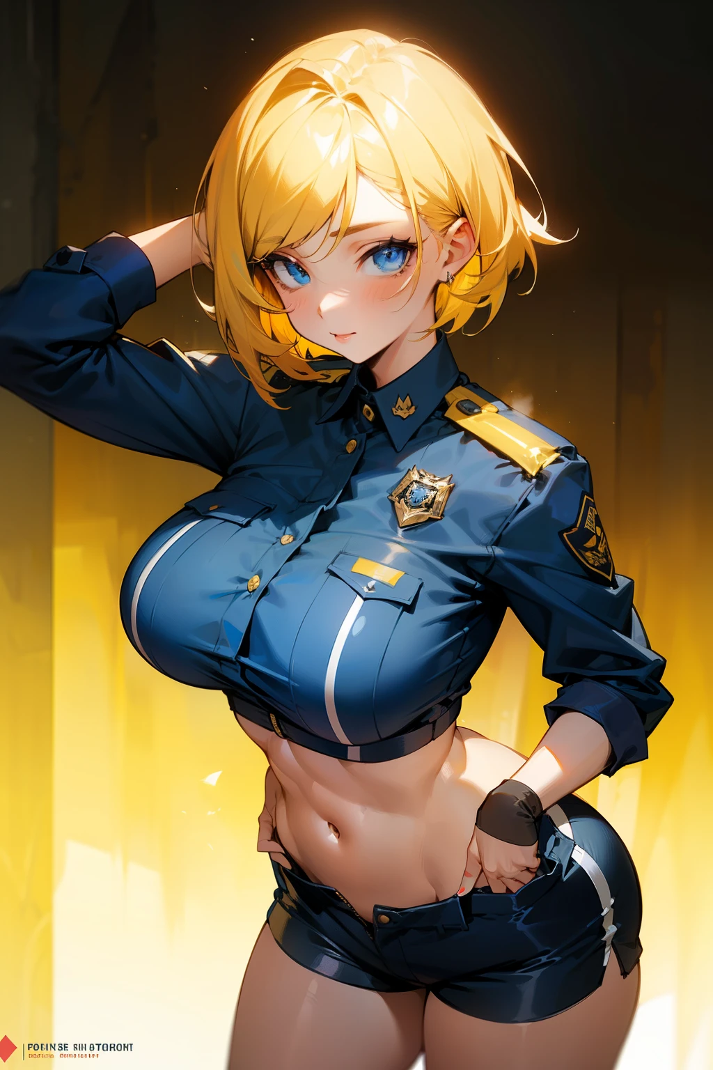 Girl, policewoman, short yellow hair, blue eyes, big breasts, exposed stomach, tight shorts, beauty, seductive