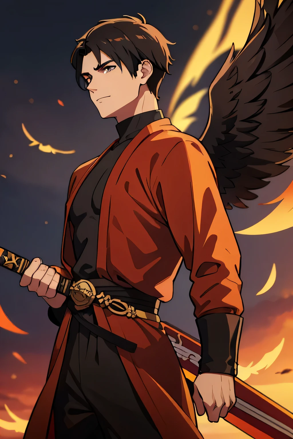Brown Aasimar male, Monk with black hair and martial weapons and black wings