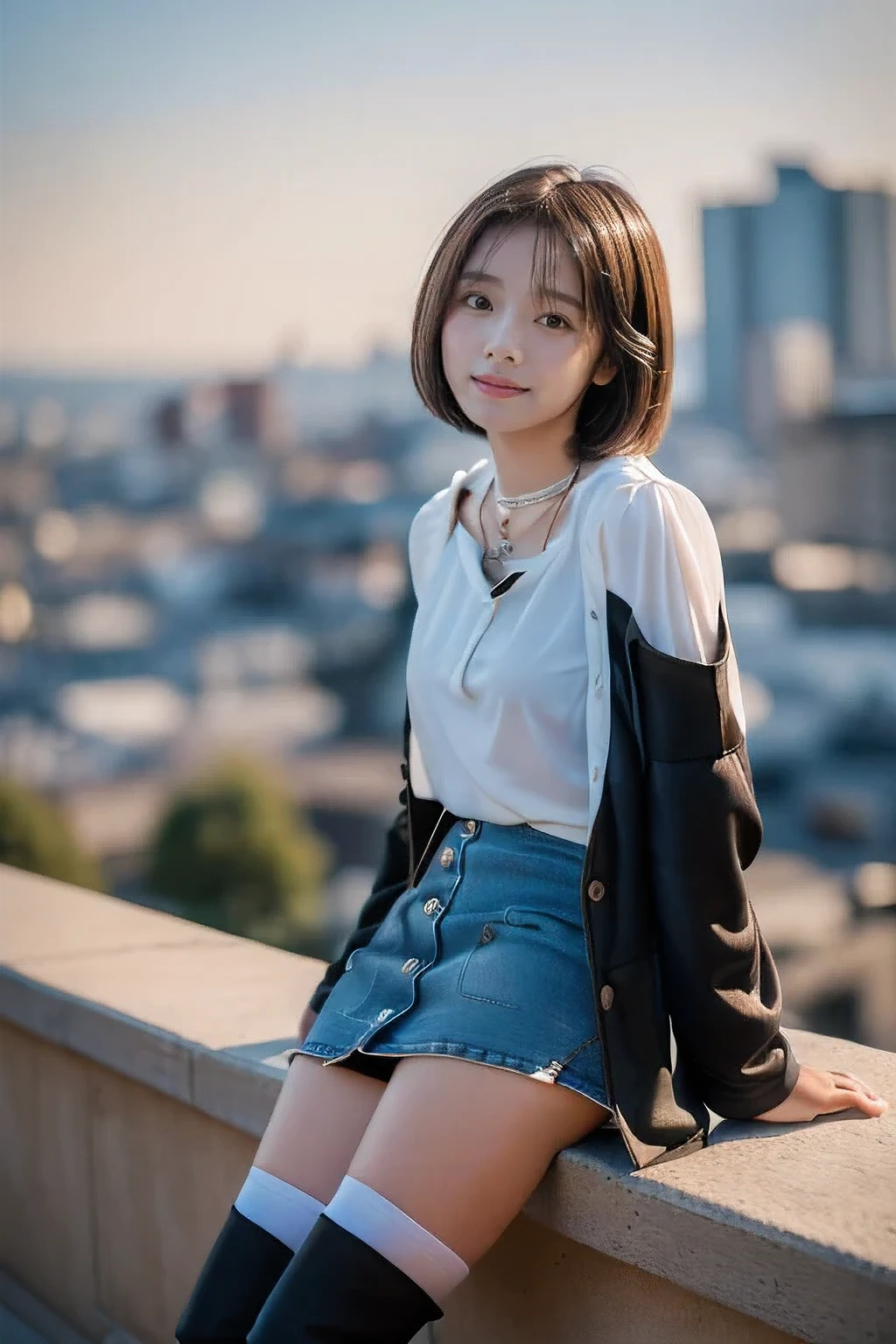 (Climbing the hills of the city、18-year-old female:1.5)、(A little tired face:1.2)、(The best quality at its best:1.4), (Super detailed), (Very detailed CG unified 16k), Beautiful woman with perfect figure: 1.4, Sharp focus: 1.2, Very detailed, High-quality RAW color photos, Professional photography, Great face and eyes, cosmetics, (Amazingly beautiful girl), ((Black coat、White blouse、Denim mini skirt、Black Stockings、Black boots:1.5)), Sexy posture,(View from below), Realistic movie faces, Full body long view from head to toe, Realistic, ((Realistic natural orange red hairstyle, Realistic blue eyes)), ( Short Bob Hair:1.5), (necklace:1.5)、, Very beautiful face, Perfect model beauty, Mouth swelling, Highly detailed face and skin texture, Fine grain, double eyelid, Medium chest, smile, (masterpiece), highest quality, High resolution, Very detailed, Blurred Background, Depth of written boundary, Cinema Lighting, Great legs, , Clear, well-maintained skin,