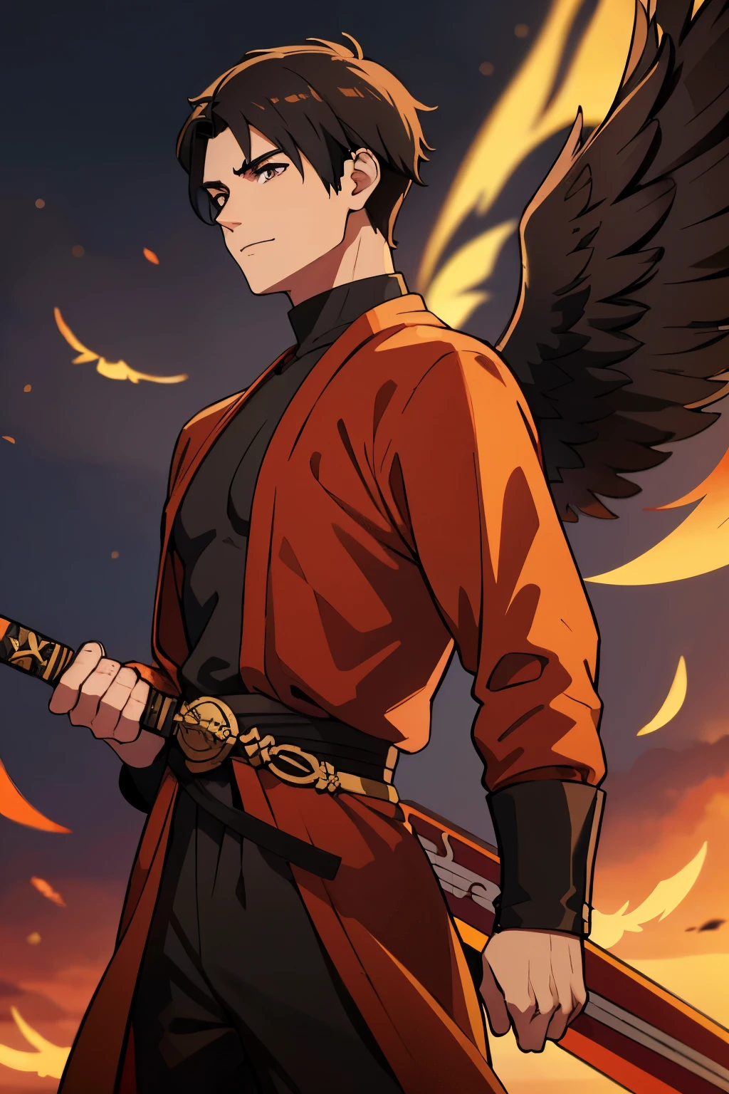 Brown Aasimar male, Monk with black hair and martial weapons and black wings