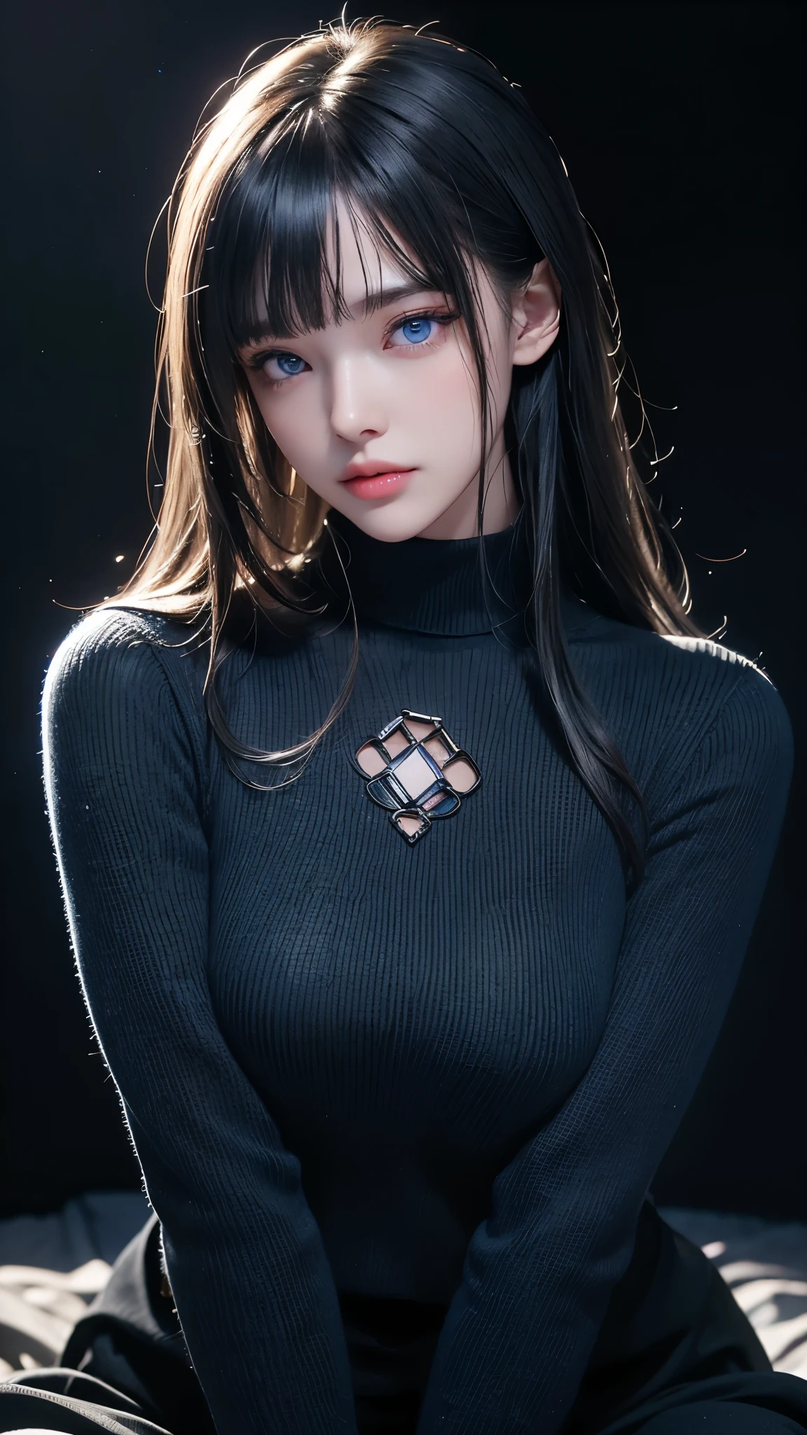 masterpiece, highest quality, Super detailed, Facing the camera, 複雑に詳細なSuper detailed, Realistic, Sharp features, Very detailed, Sharp focus, Perfect Face, Perfect Face, Perfect symmetrical perfect eyes, Perfect Plump Lips, Flexible female form, Cinematic, Film Light, Super detailed, hyper Realistic, masterpiece, Atmospheric, High resolution, Vibrant, Dynamic Studio Lighting, ((Dark Background)), The expression when enduring pleasure, Straight bangs, blue eyes,Black sweater, Cowboy Shot,turtleneck、first round、Sexually aroused expression,Clasping hands