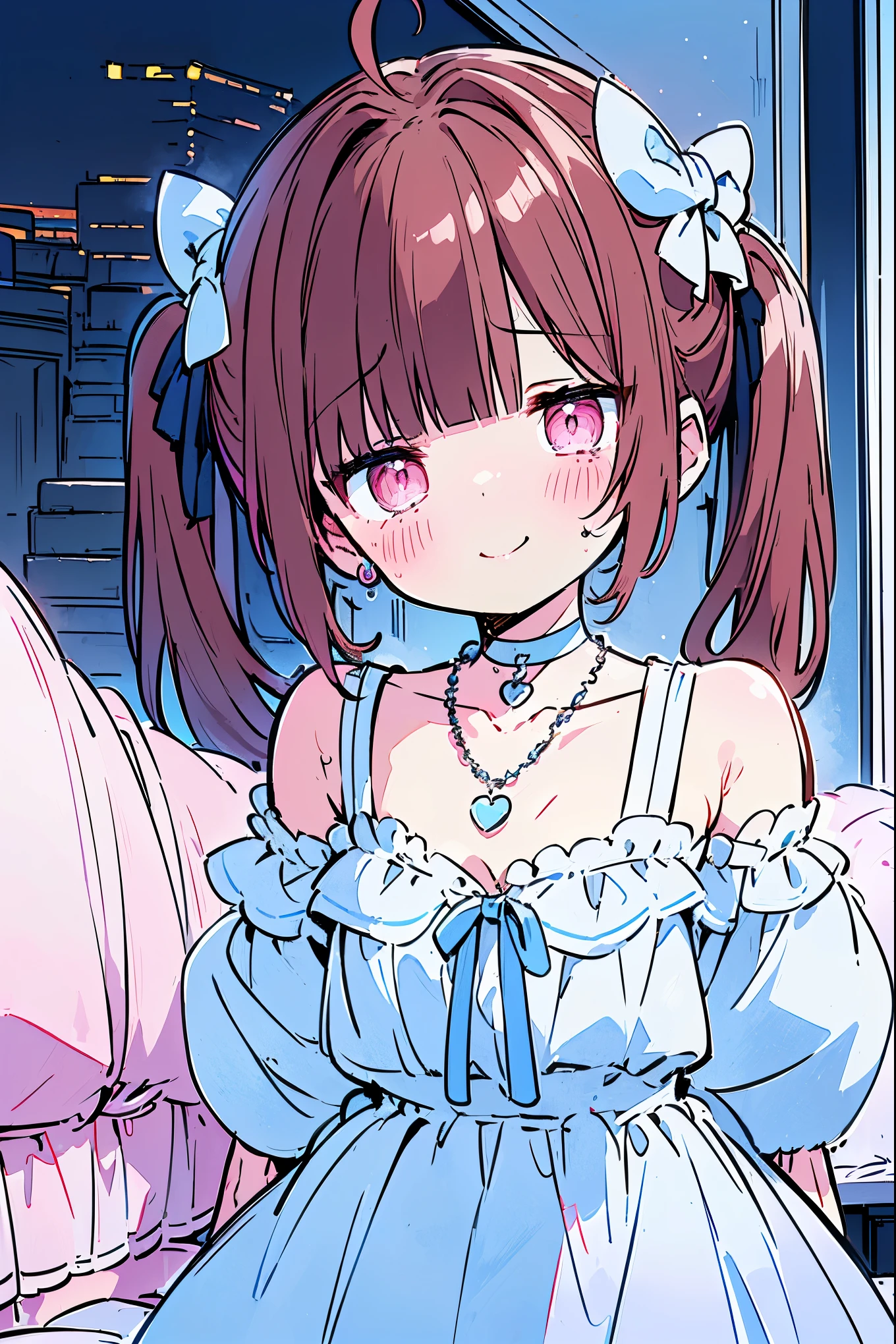 {{{{masterpiece}}}}, {{{Super detailed}}}, {{{high resolution}}},{{high resolution:1.3}}, {{good anatomy}}, (((best quality))), ((on the bed,indoor,blue theme,anime style,anime girl)),(((pink eyes,brown hair))),(big perfect eyes),((yandere,dark eyelash)),(((smart casual in pale blue color,collarbone,white dress, jewelry, choker,necklace,dark atmosphere,night time))), hairclip, {8k cg wallpaper}, {{illustration,zoom in,focus on face,close-up shot, looking out a window}},((twintails|ahoge|floating hair|blunt bangs|short hair|curly))smile,(1girl:1), bride,solo,alone,(Color difference:1.2),(yandere smile,evil smile with teeth,Dark circles),blushing,neat face,(medium breasts),((The details are complex、Shallow depth of field、weak lighting、a Canon EOS R5、50mm lens、f / 2.8、shot at 8k resolution))