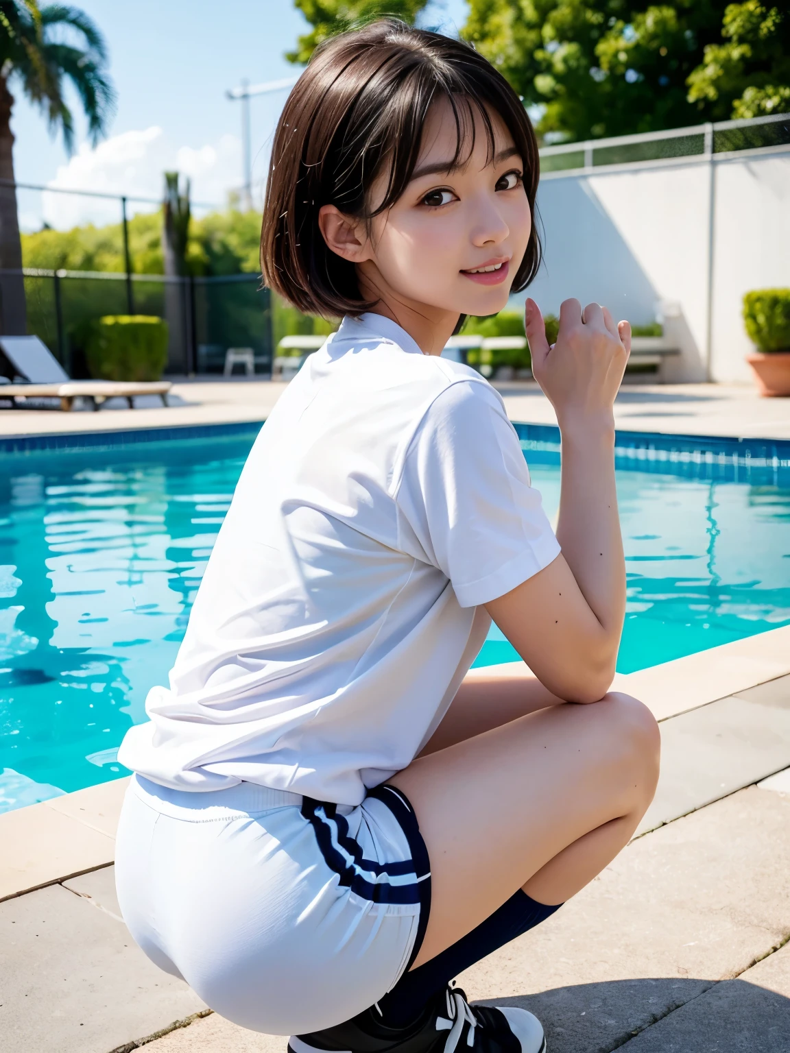 ultra highres,(reality: 1.4),highest quality, masterpiece, high detail, 16K quality, beautiful, 1 beautiful girl,japanese,super beautiful face,baby face,japanese idol face,cute face,super detailed face,detailed hand,beautiful skin,sweaty skin,big eyes,big smile,profeccional lighting,short hair, black hair,brown beautiful eyes, gym uniform,school gym navy buruma, white shirt, short sleeves, squatting,medium breasts,high socks,she is looking at the camera,pool side,blue sky,nsfw,back shot,