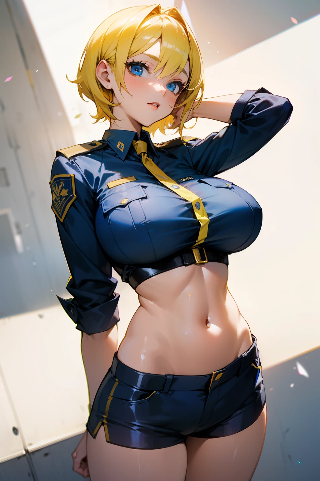 Girl, policewoman, short yellow hair, blue eyes, big breasts, exposed stomach, tight shorts, beauty, seductive
