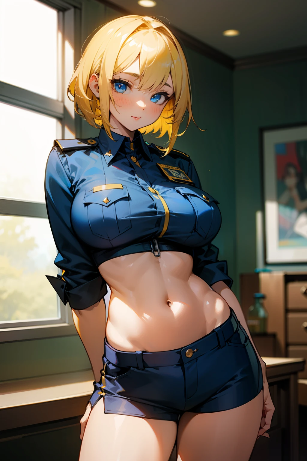 Girl, policewoman, short yellow hair, blue eyes, big breasts, exposed stomach, tight shorts, beauty, seductive