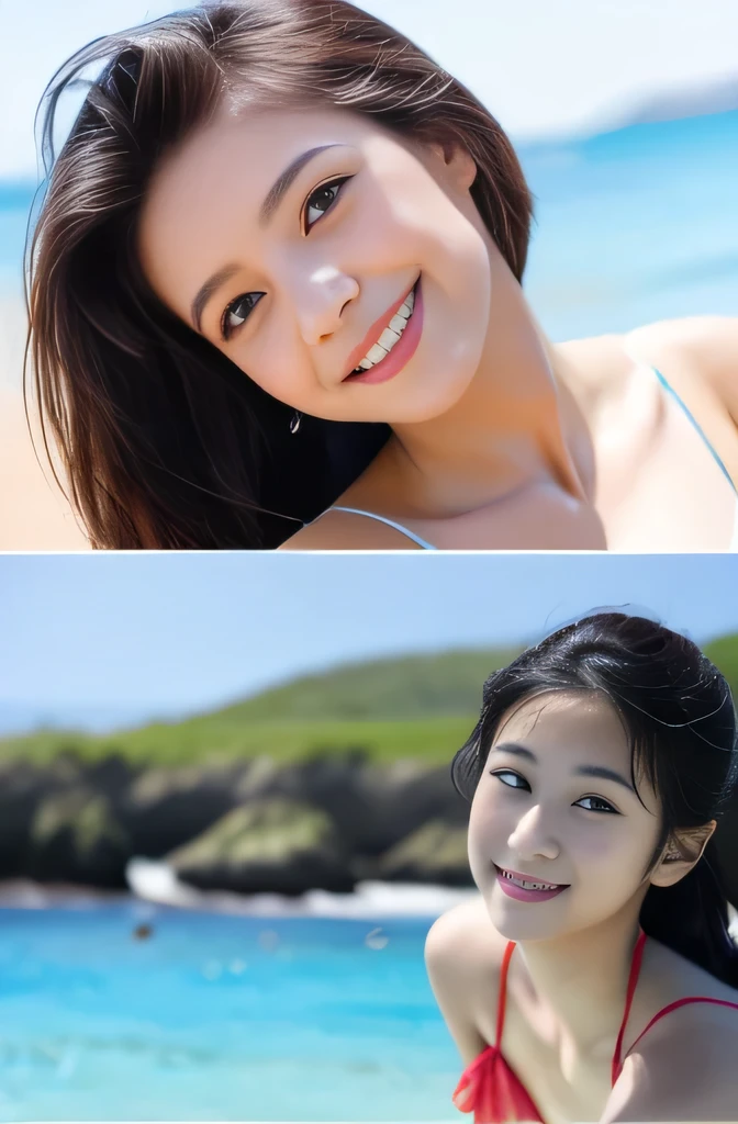 Beautiful woman with perfect eyes and nose、Model-like beauty、Cute like a model、The eyes are double、Regular but how to use characters、Eye color is blue、Her hair color is pink.、Her face is delicate and elegant.、8k images、Beautiful style like a model、Usually large、A fresh and lovely smile、Posing in a bikini on the beach in early summer、adult sexy 、Pose like a model、Overall image、snap shot、Cute Smile、Beautiful and delicate face like a model、highest quality、but、Ultimate、Cute Smile、A little erotic/sexy 、Gravure photoshoot with beautiful women、Red Bikini👙、