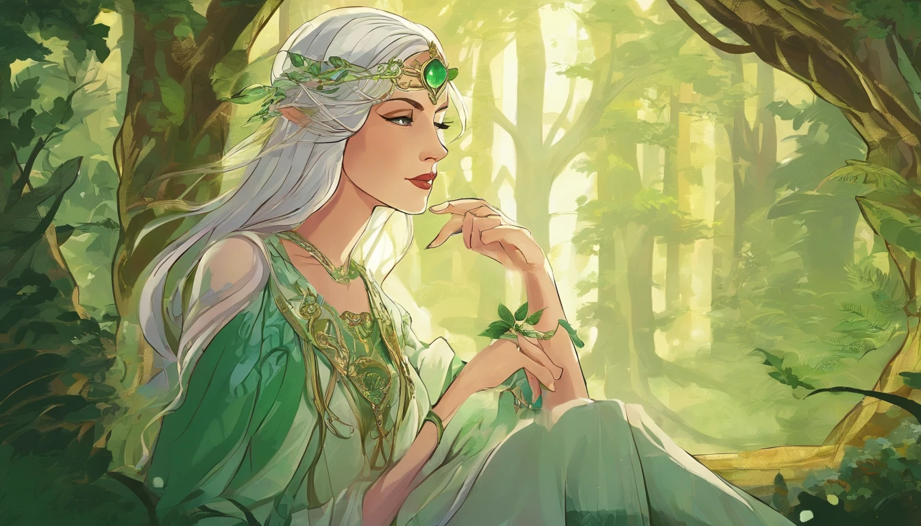 "In a lush, serene forest, a young-looking elf woman in her 40s stands gracefully. She has long, silver hair flowing down her shoulders and piercing, kind eyes. Her ears are pointed, characteristic of elves. She is dressed in a white tunic and a green cloak fastened with a golden brooch. She stands with a gentle, contemplative expression, her hands delicately clasped in front of her. A wooden staff adorned with fresh green leaves rests against her side. The forest around her is filled with tall trees, their trunks bathed in soft, dappled sunlight filtering through the dense canopy above, creating a tranquil and enchanting atmosphere."