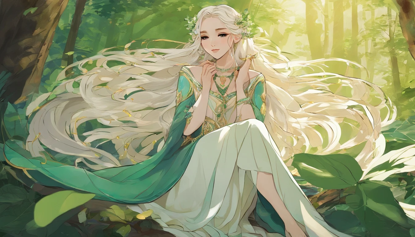 "In a lush, serene forest, a young-looking elf woman in her 40s stands gracefully. She has long, silver hair flowing down her shoulders and piercing, kind eyes. Her ears are pointed, characteristic of elves. She is dressed in a white tunic and a green cloak fastened with a golden brooch. She stands with a gentle, contemplative expression, her hands delicately clasped in front of her. A wooden staff adorned with fresh green leaves rests against her side. The forest around her is filled with tall trees, their trunks bathed in soft, dappled sunlight filtering through the dense canopy above, creating a tranquil and enchanting atmosphere."