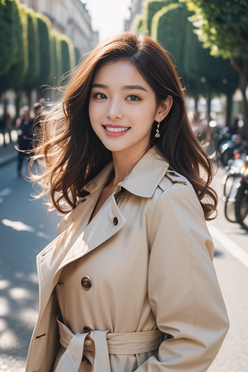 highest quality、4K、Perfect Face、Perfect Style、Sunburn、beautiful、stylish appeal、Mature、long layer curly hair、Swept-back hair、in paris 、full body, giddy smile、flower、hoop pierce、trench coat