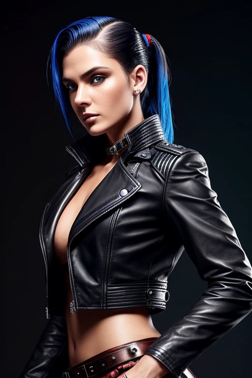 Gorgeous european steampunk woman with very short straight hair in a high ponytail, wet hair, hair slicked back, combed straight back, slick hair, black to blue gradient hair, wearing a leather jacket with nothing underneath and mini skirt, solid dark black background