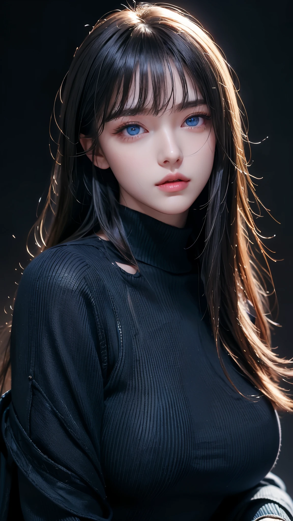 masterpiece, highest quality, Super detailed, Facing the camera, 複雑に詳細なSuper detailed, Realistic, Sharp features, Very detailed, Sharp focus, Perfect Face, Perfect Face, Perfect symmetrical perfect eyes, Perfect Plump Lips, Flexible female form, Cinematic, Film Light, Super detailed, hyper Realistic, masterpiece, Atmospheric, High resolution, Vibrant, Dynamic Studio Lighting, ((Dark Background)), The expression when enduring pleasure, Straight bangs, blue eyes,Black sweater, Cowboy Shot,turtleneck、first round、Sexually aroused expression、Clothes with a slit in the chest
