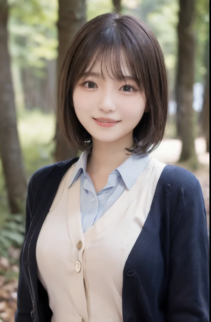 One girl,(Blouses and cardigans:1.2), Glasses、Wavy short hair、 Beautiful girls, , Small and beautiful breasts、,Slender body,smile  、In the forest
