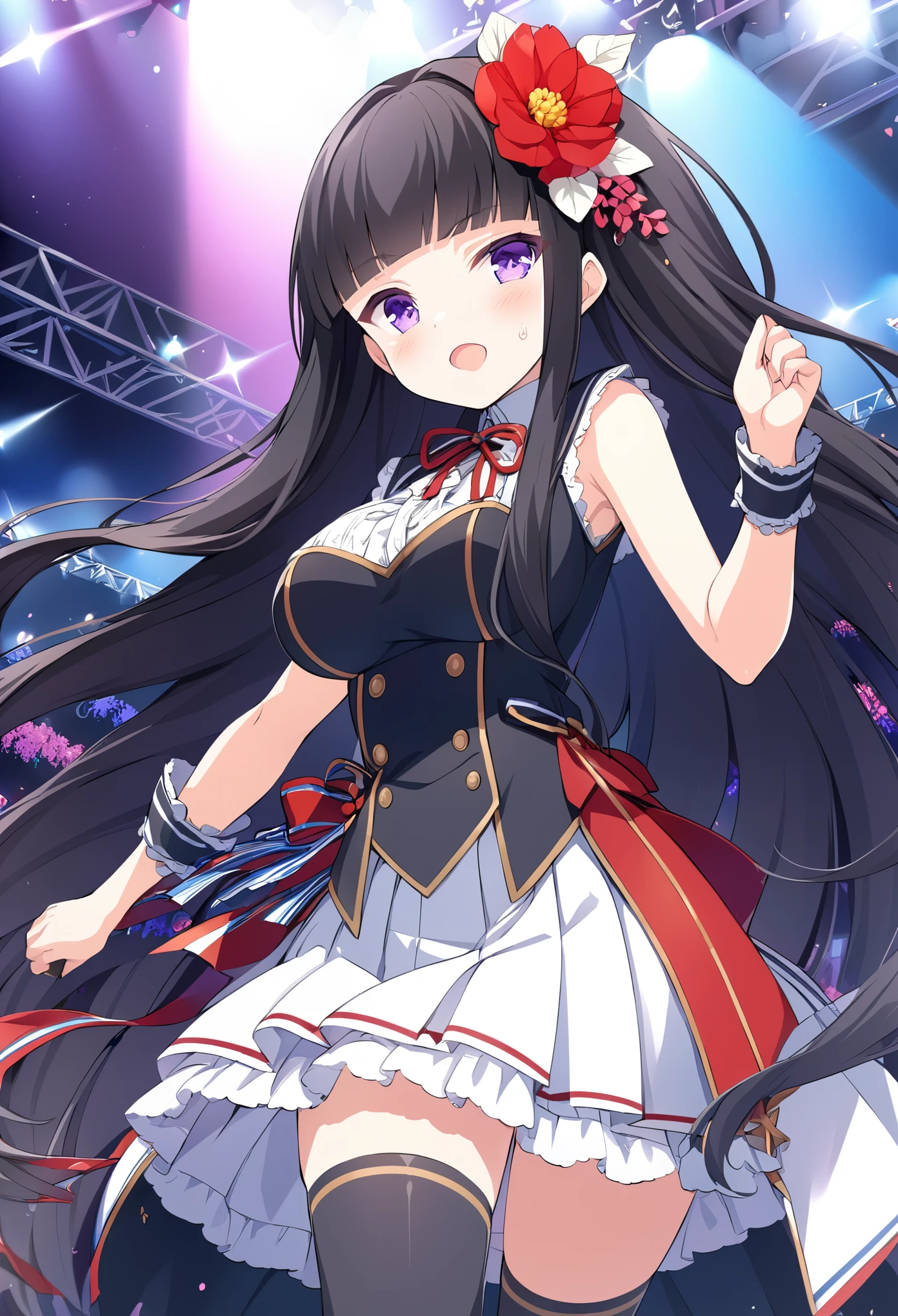 SHIRANUIISUZU, BLACK HAIR, BLUNT BANGS, HAIR FLOWER, RED FLOWER, HAIR ORNAMENT, VERY LONG HAIR, PURPLE eyes, , large breasts, live stage, solo,