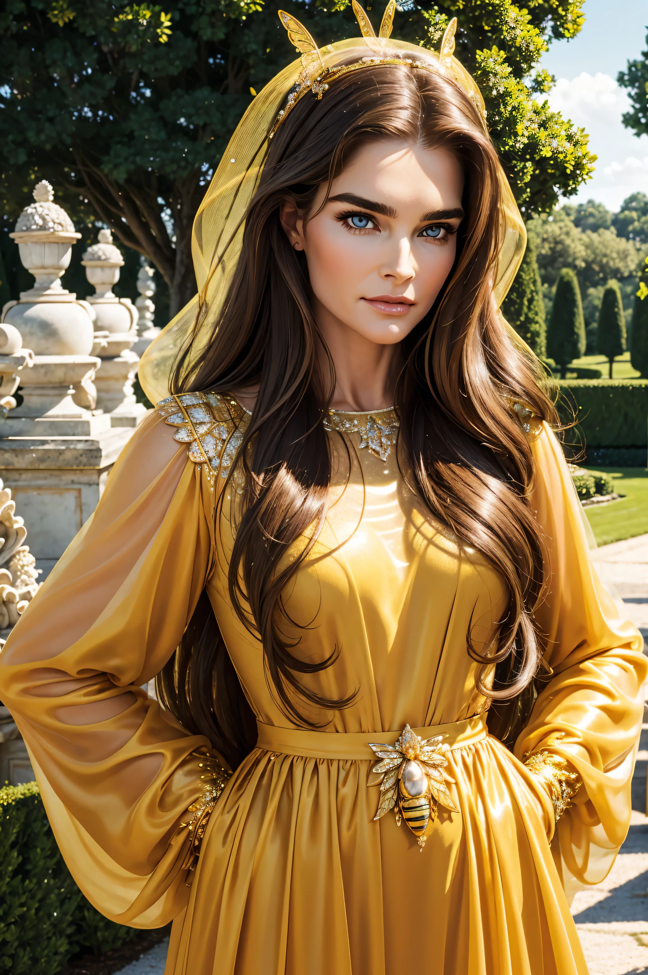 Brooke Shields, wearing bee costume transparent. professionally retouched, soft lighting, realistic, smooth face, perfect eyes, sharp focus on eyes, 8 k, high definition, insanely detailed, intricate, elegant. against the background of the garden of Versailles.