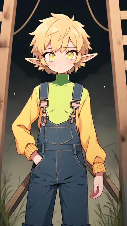 Best quality, Super detailed illustration, Warm colors, Ideal lighting, perfect detail, elf boy elf ears, Femboy,  short hair, dirty hair, yellow eyes, overalls with a jacket underneath, gloved, flat chest, Bright eyes, whole body, against the backdrop of an old barn