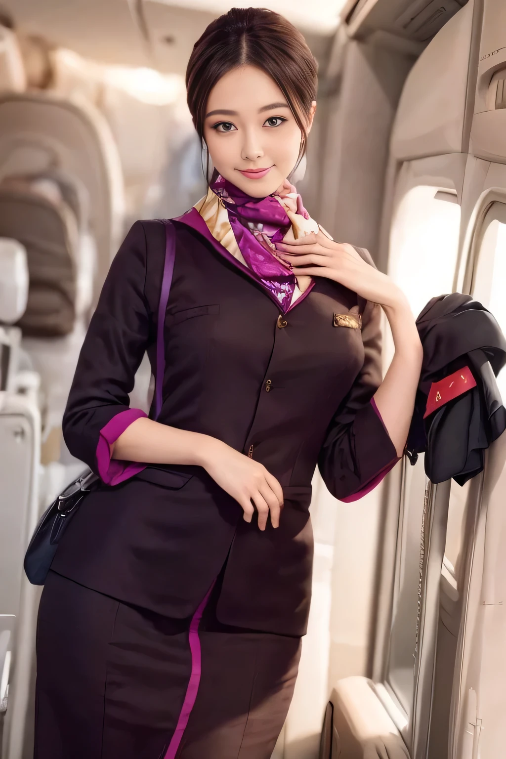 (masterpiece:1.2、highest quality:1.2)、32K HDR、High resolution、(alone、1 girl、Slim figure)、(A realistic reproduction of the ETIHAD Airways Cabincrew Uniform)、 (On board, Professional Lighting)、A proper woman, Beautiful Face,、(Long sleeve ETIHAD Airways Cabincrew Uniform)、(ETIHAD Airways Cabincrew Uniform skirt with purple stripe on the front)、(scarf on chest)、Big Breasts、(Long Hair Up、Hair Bun)、Dark brown hair、Long Shot、((Great hands:2.0))、((Harmonious body proportions:1.5))、((Normal limbs:2.0))、((Normal finger:2.0))、((Delicate eyes:2.0))、((Normal eyes:2.0)))、Beautiful standing posture、smile