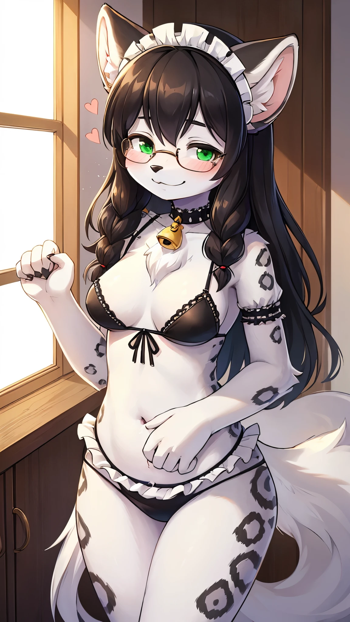 best quality,best resolution,(fluffy anthro furry :1.6),(young :1.6),snow leopard girl,yellow eyes,red hair, long hair,wavy hair,messy hair,white fur,snow leopard tail,snow leopard ears,(black leopard printed dur),small breasts,glasses,(black maid bikini),maid headdress,small bell collar,(white maid gloves),ruffles,bare belly,beautiful bathroom,looking at viewer,naughty face,heart eyes,heart expression eyes,upper body only,againts door,sexy pose,open mouth