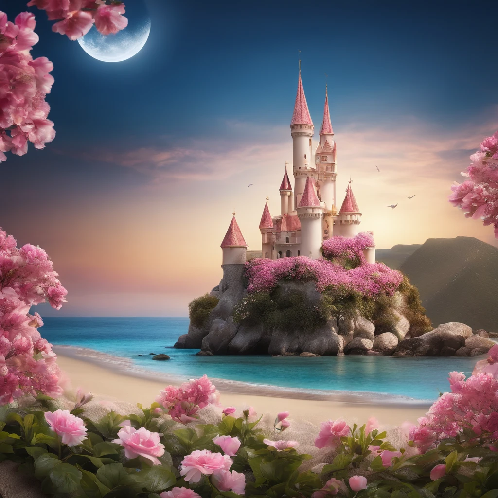 Castle, flowers, delicate scene, sky, White clouds, and the sunshine shines on the snow-white beach. birds, pink flowers and bright big shells, diamond crystal, on the beach, fantasy, night sky, moon, smoke, fire, photo, HD, 8K, UHD, Super Detail, High quality, 1080p  