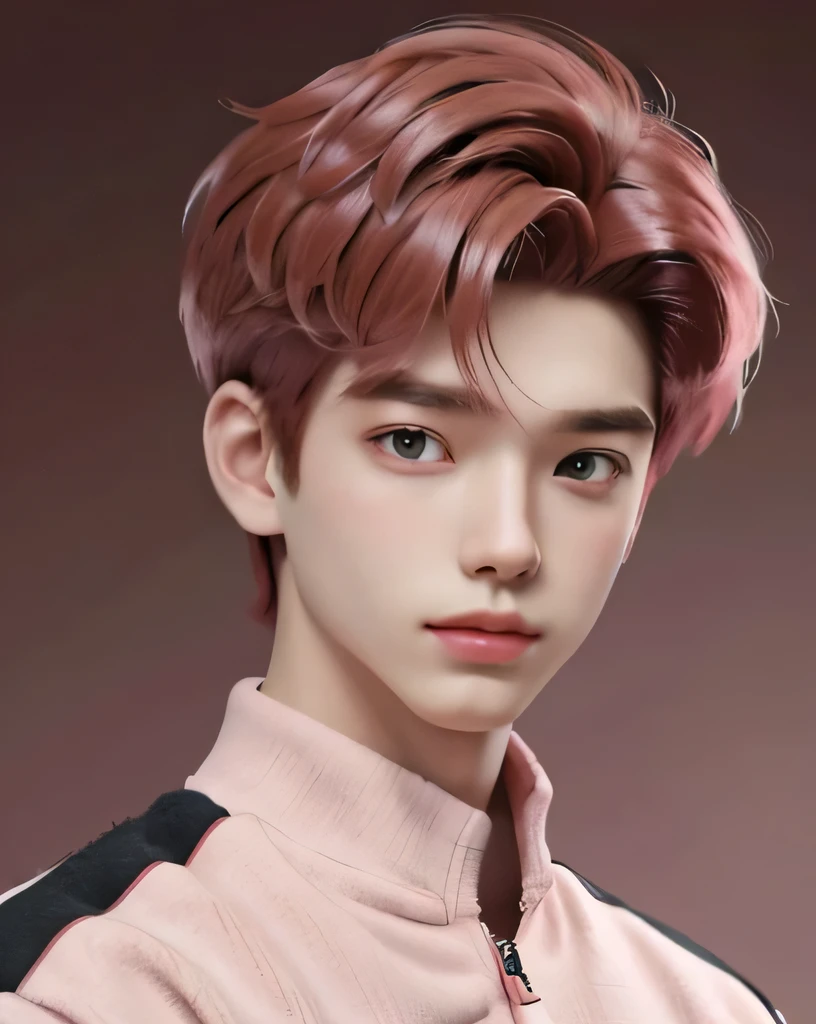 best quality, 1boy, solo, cartoon portrait , background, short hair, pink lips, red hair, wearing red varsity jacket