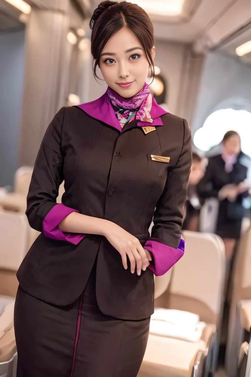 (masterpiece:1.2、highest quality:1.2)、32K HDR、High resolution、(alone、1 girl、Slim figure)、(A realistic reproduction of the ETIHAD Airways Cabincrew Uniform)、 (On board, Professional Lighting)、A proper woman, Beautiful Face,、(Long sleeve ETIHAD Airways Cabincrew Uniform)、(ETIHAD Airways Cabincrew Uniform skirt with purple stripe on the front)、(scarf on chest)、Big Breasts、(Long Hair Up、Hair Bun)、Dark brown hair、Long Shot、((Great hands:2.0))、((Harmonious body proportions:1.5))、((Normal limbs:2.0))、((Normal finger:2.0))、((Delicate eyes:2.0))、((Normal eyes:2.0)))、Beautiful standing posture、smile