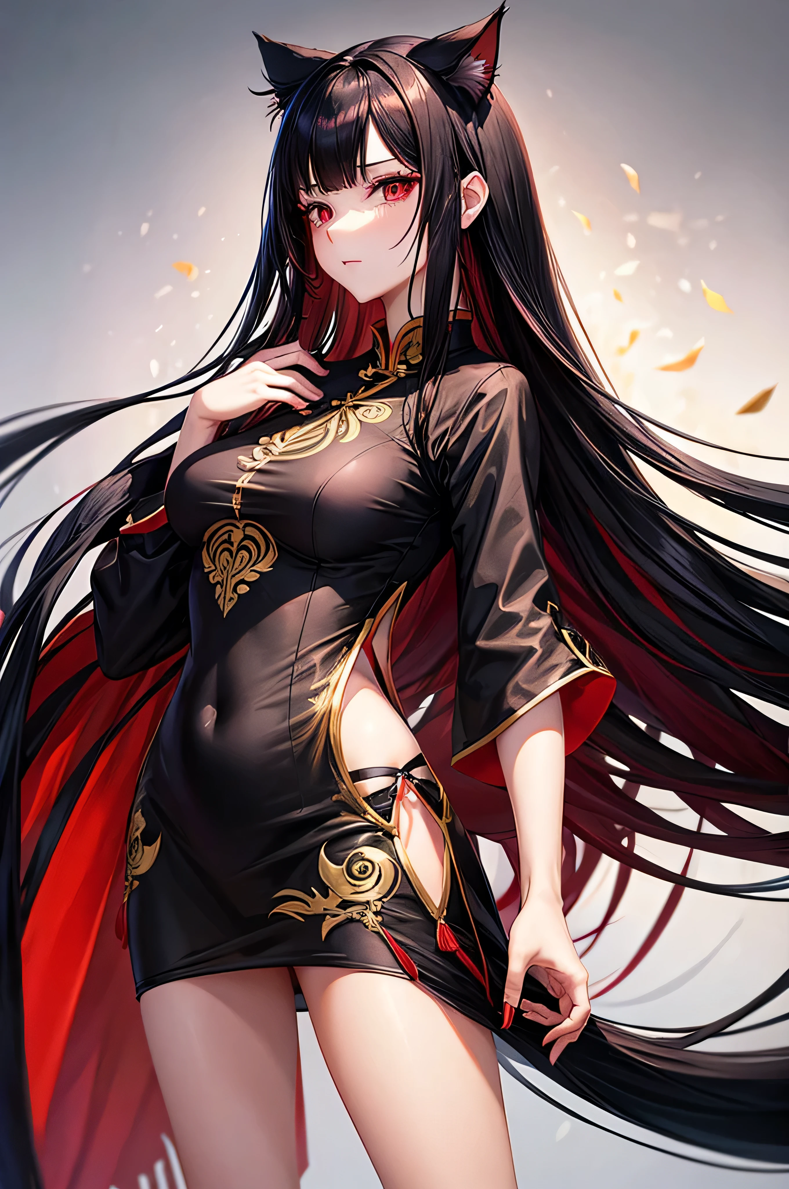 Long black hair, red inner hair, wing-shaped hair with gold trim, cheongsam, height 180cm, small breasts, cat ears