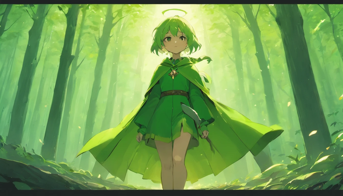 Ryu, Elbow hand pockets, Green Cape, Hooded cloak, Forest Background, Bokeh, Medium Shot, Very detailed, beautiful, masterpiece, Perfect Anatomy, [[Award-winning photography, Macro Photography Vivid Colors]], Atmospheric, Majestic, High resolution, That&#39;s excellent, Very detailed, complicated, Realistic lighting, 4K, (alone:1.2), (cute:1.1), (Anime screenshots), 　in the forest, morning, Carrying a walking stick, elf with pointed ears,　The whole body is shown, Back view. In the style of "Is It Wrong to Try to Pick Up Girls in a Dungeon?"