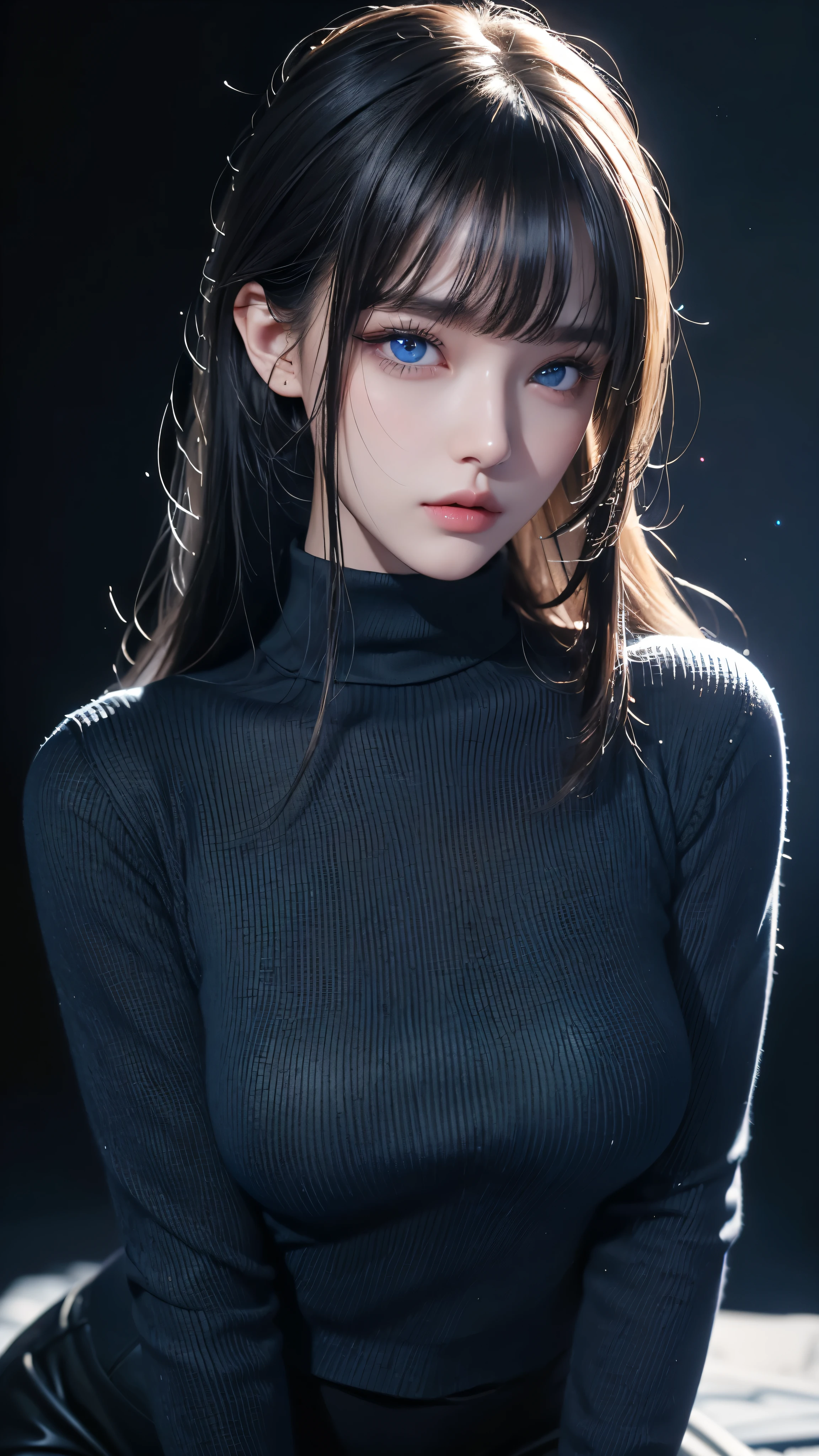 masterpiece, highest quality, Super detailed, Facing the camera, Super detailed, Realistic, Sharp features, Very detailed, Sharp focus, Perfect Face, Perfect Face, Perfect symmetrical perfect eyes, Perfect Plump Lips, Flexible female form, Cinematic, Film Light, Super detailed, hyper Realistic, masterpiece, Atmospheric, High resolution, Vibrant, Dynamic Studio Lighting, ((Dark Background)), The expression when enduring pleasure, Straight bangs, blue eyes,Black sweater, Cowboy Shot,turtleneck、first round、Sexually aroused expression、Clothes with a slit in the chest