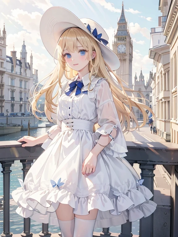 masterpiece, highest quality, Very detailed, 16k, Ultra-high resolution, Cowboy Shot, 14-year-old girl, Detailed face, Perfect Fingers, blue eyes, Blonde, Long Hair, Tsubo wide hat, Gorgeous white blouse, Luxurious brooches, Long skirt, White High Knee Socks, Enamel shoes, Dreamscape, London cityscape, Before Big Ben, Stand