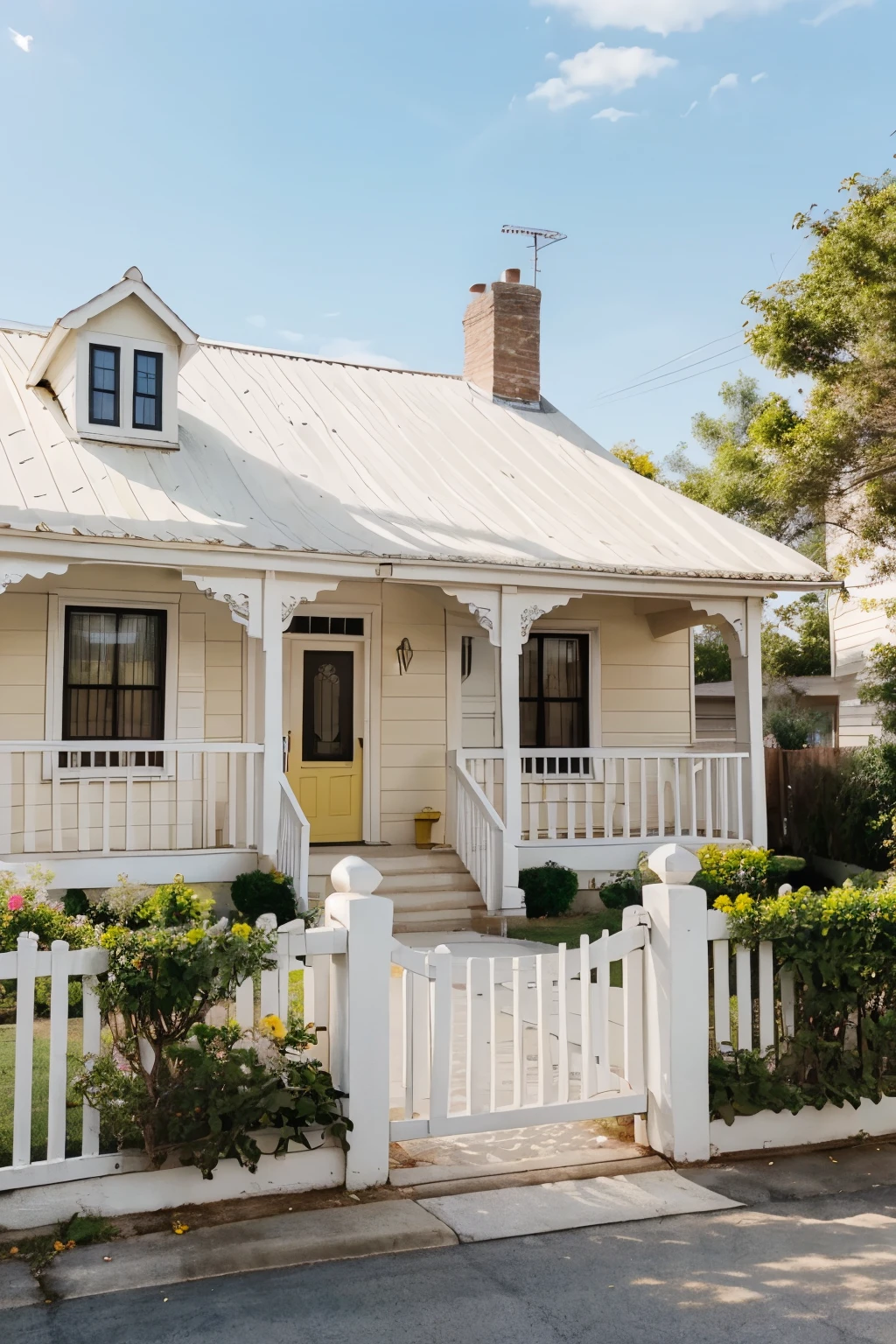 A front view of a simple American house with beige roof. White walls with yellow stripes. A white fence, one window with roses on it in a clear sunny day.
