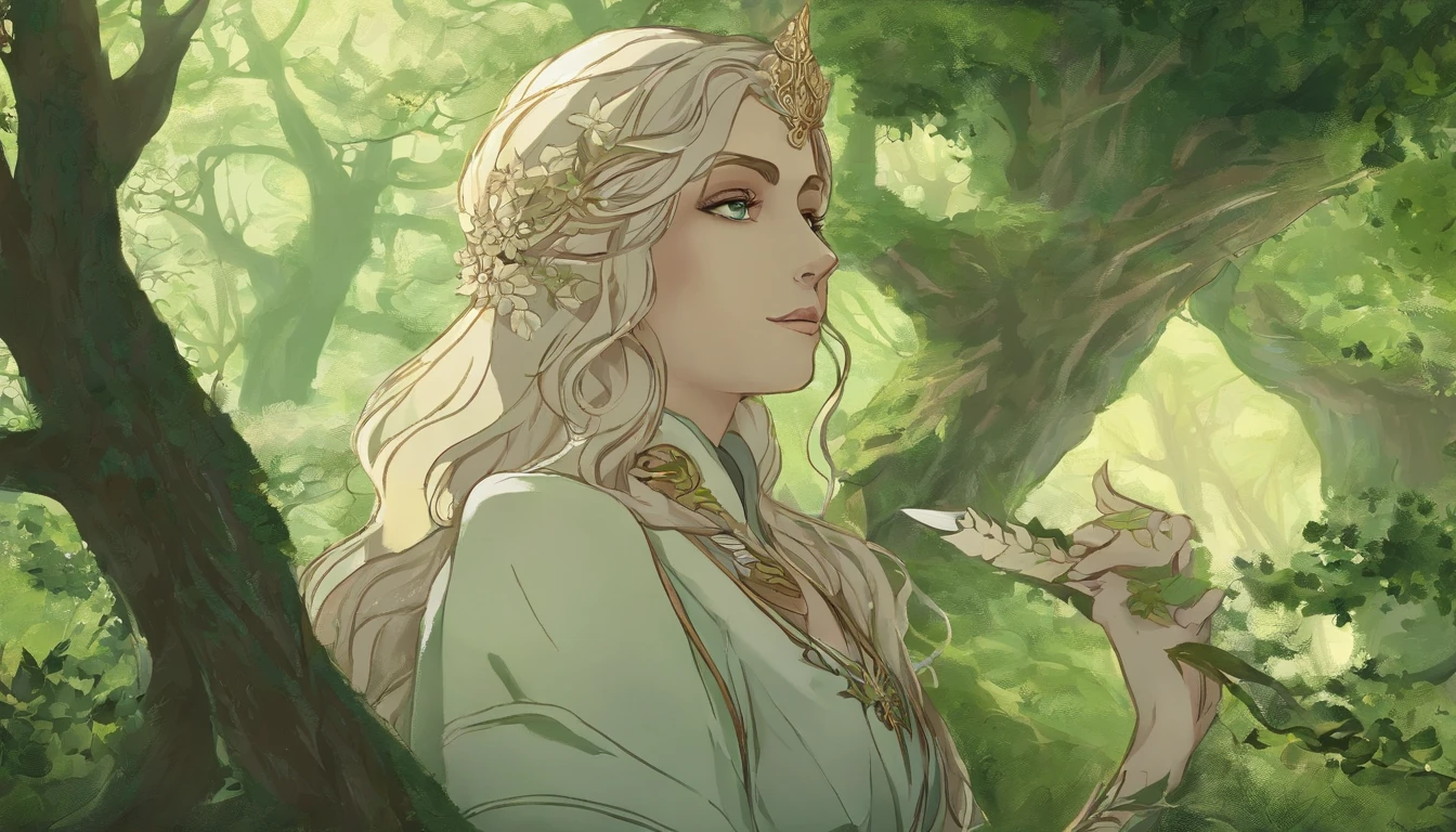 "In a lush, serene forest, a young-looking elf woman in her 40s stands gracefully. She has long, silver hair flowing down her shoulders and piercing, kind eyes. Her ears are pointed, characteristic of elves. She is dressed in a white tunic and a green cloak fastened with a golden brooch. She stands with a gentle, contemplative expression, her hands delicately clasped in front of her. A wooden staff adorned with fresh green leaves rests against her side. The forest around her is filled with tall trees, their trunks bathed in soft, dappled sunlight filtering through the dense canopy above, creating a tranquil and enchanting atmosphere."