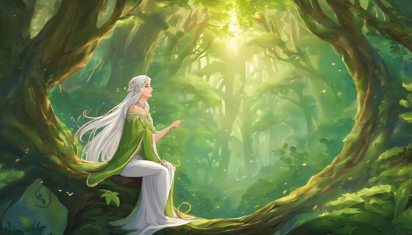 "In a lush, serene forest, a young-looking elf woman in her 40s stands gracefully. She has long, silver hair flowing down her shoulders and piercing, kind eyes. Her ears are pointed, characteristic of elves. She is dressed in a white tunic and a green cloak fastened with a golden brooch. She stands with a gentle, contemplative expression, her hands delicately clasped in front of her. A wooden staff adorned with fresh green leaves rests against her side. The forest around her is filled with tall trees, their trunks bathed in soft, dappled sunlight filtering through the dense canopy above, creating a tranquil and enchanting atmosphere."