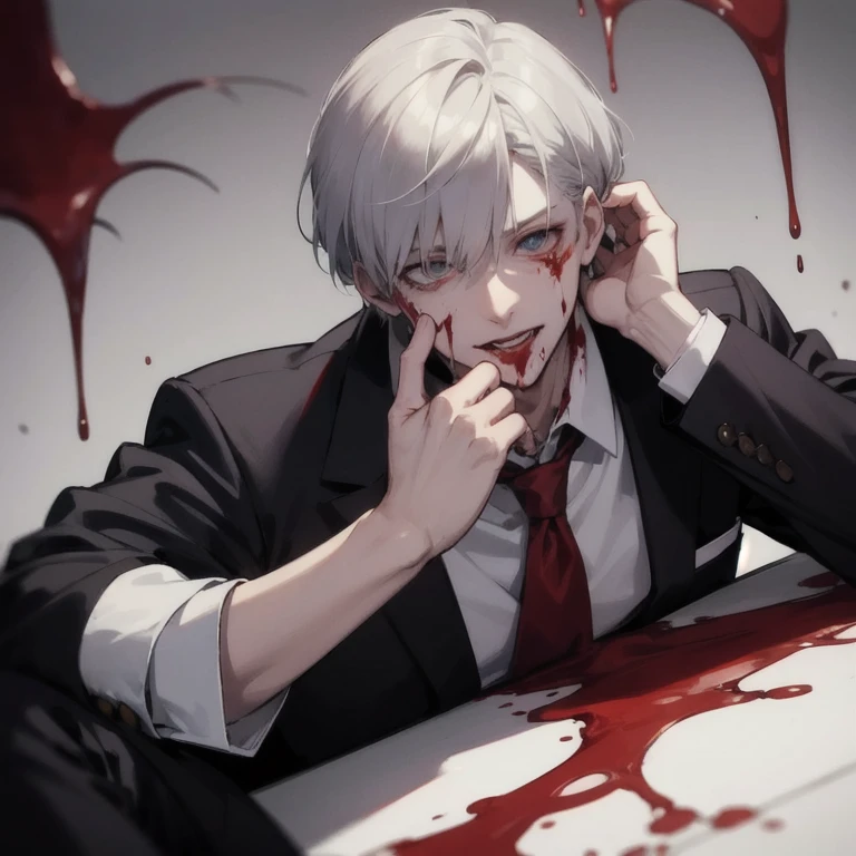 ((best quality)), ((masterpiece)), (detailed), a man in a suit and tie sitting on the floor with his hands on his, his eyes are bleeding intense, kaneki ken, portrait gapmoe yandere grimdark, ken kaneki, l vampire, [[blood]], realistic anime style at pixiv, levi ackerman, top rated on pixiv, gapmoe yandere grimdark, handsome male vampire, male vampire, tokyo ghoul, bloody eyes, blood seeping from eyes, johan liebert mixed with alucard, bloody face, male anime character, blood on his face, manhwa, fix the eyes and the hand 